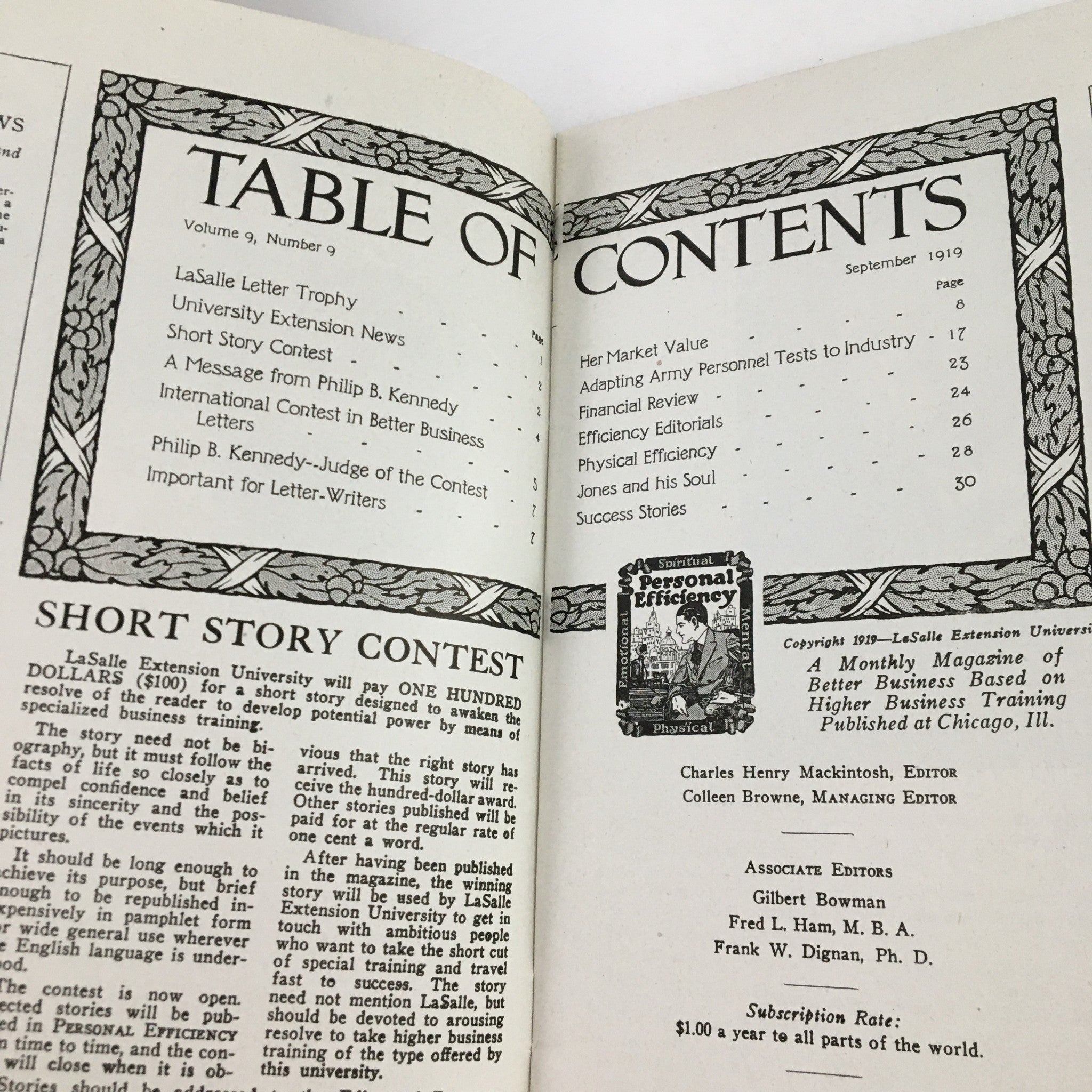 Table of Contents page from Personal Efficiency Magazine September 1919 detailing features like the LaSalle Letter Trophy and various articles on efficiency.