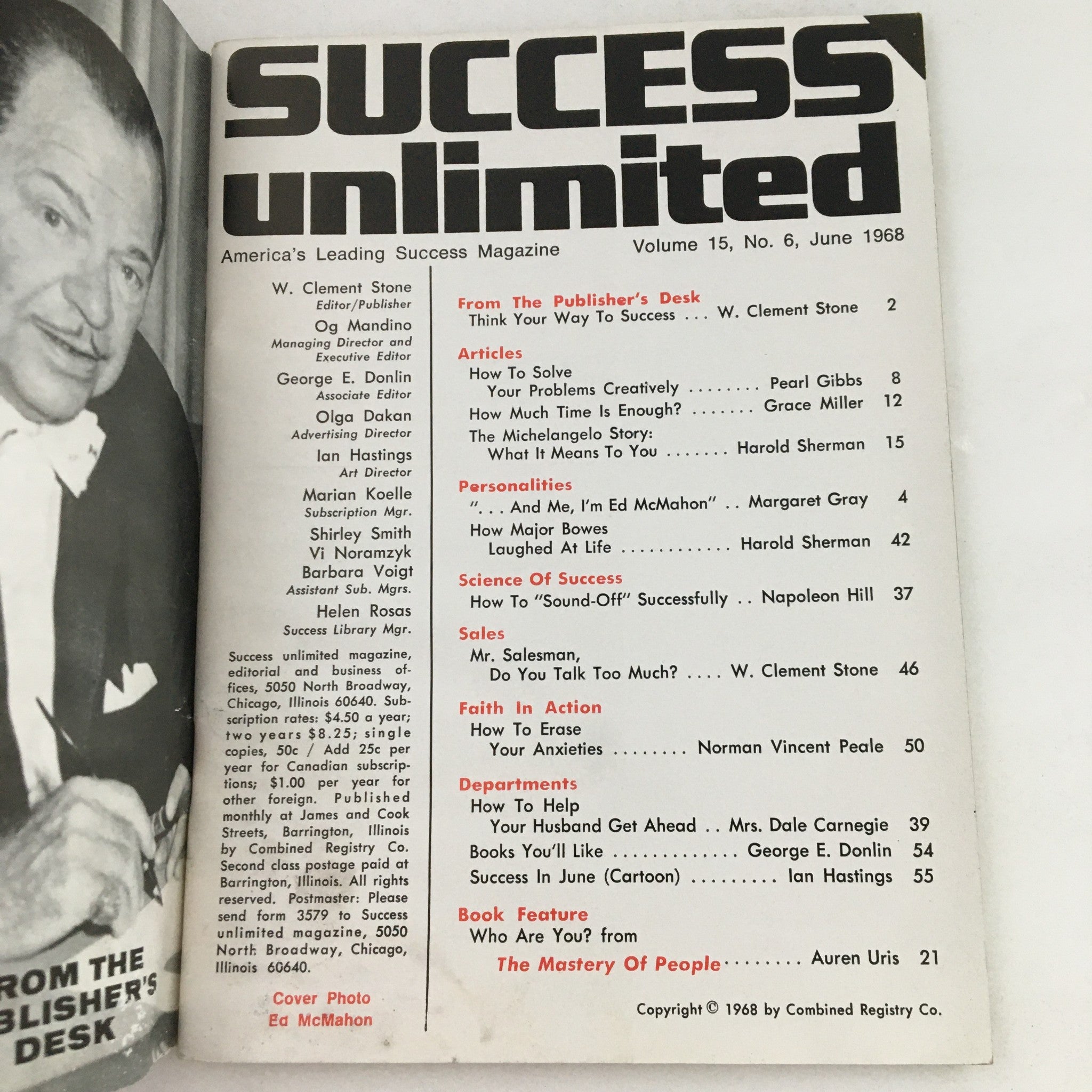 Success Unlimited Magazine June 1968 Ed McMahon & Michelangelo Story No Label