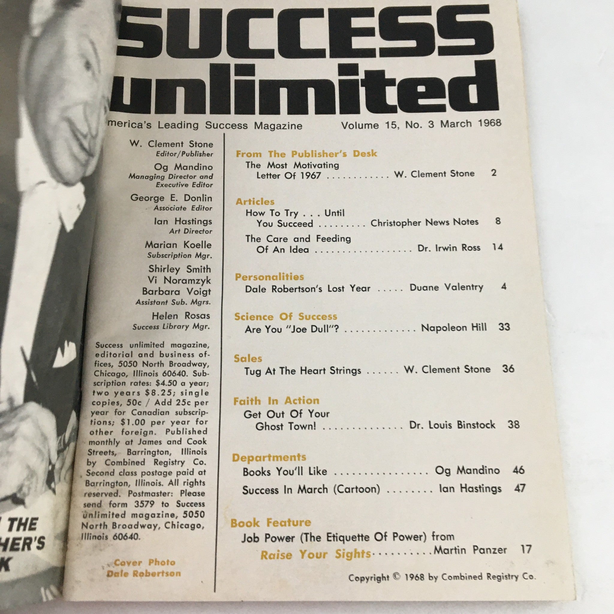 Cover of Success Unlimited Magazine, March 1968, featuring the title and article list including 'Dale Robertson's Lost Year' and various inspirational topics.