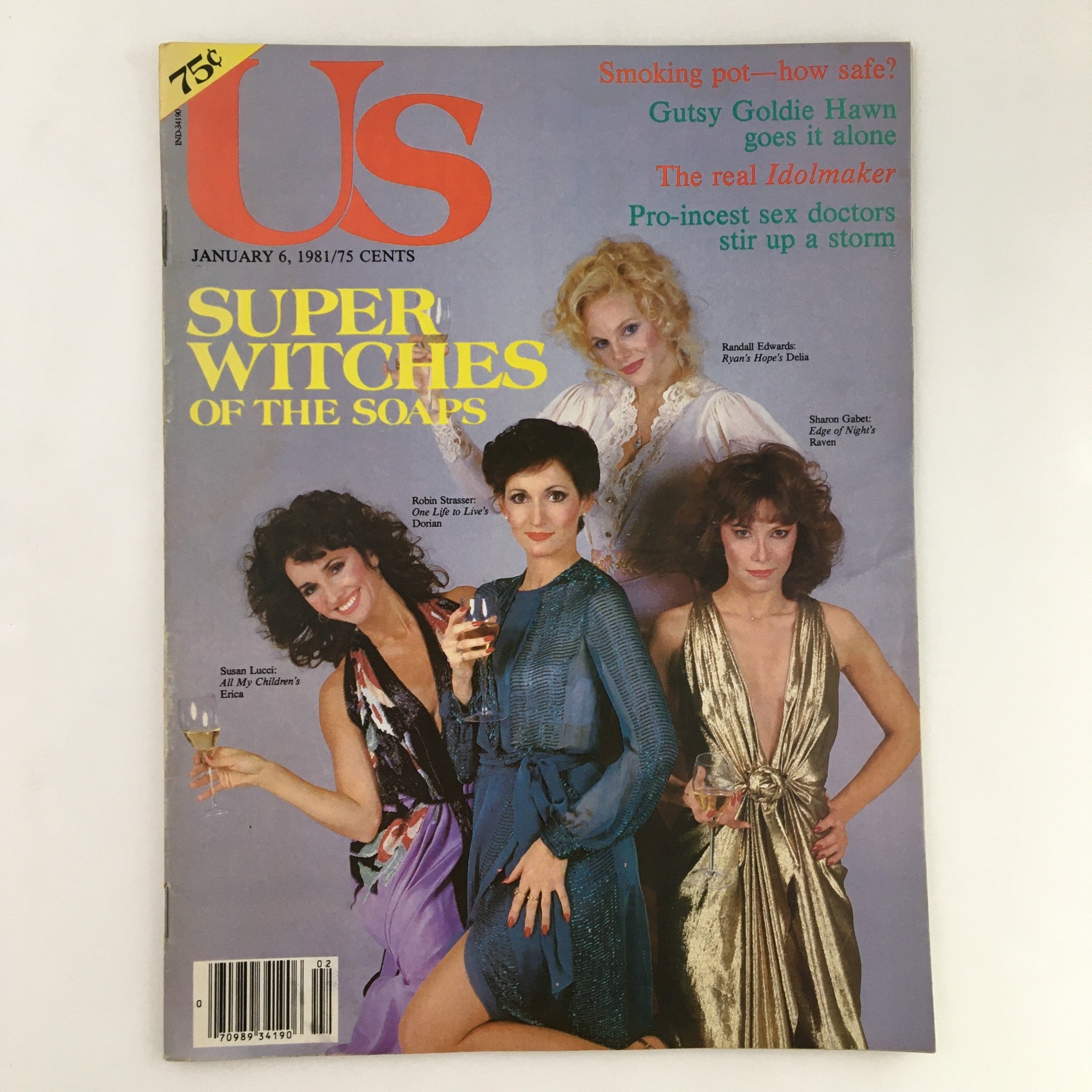 Cover of US Magazine dated January 6, 1981, featuring 'Super Witches of the Soaps' with notable celebrities including Susan Lucci, Robin Strasser, Randall Edwards, and Sharon Gabet. The magazine discusses pop culture and soap opera icons from the era.