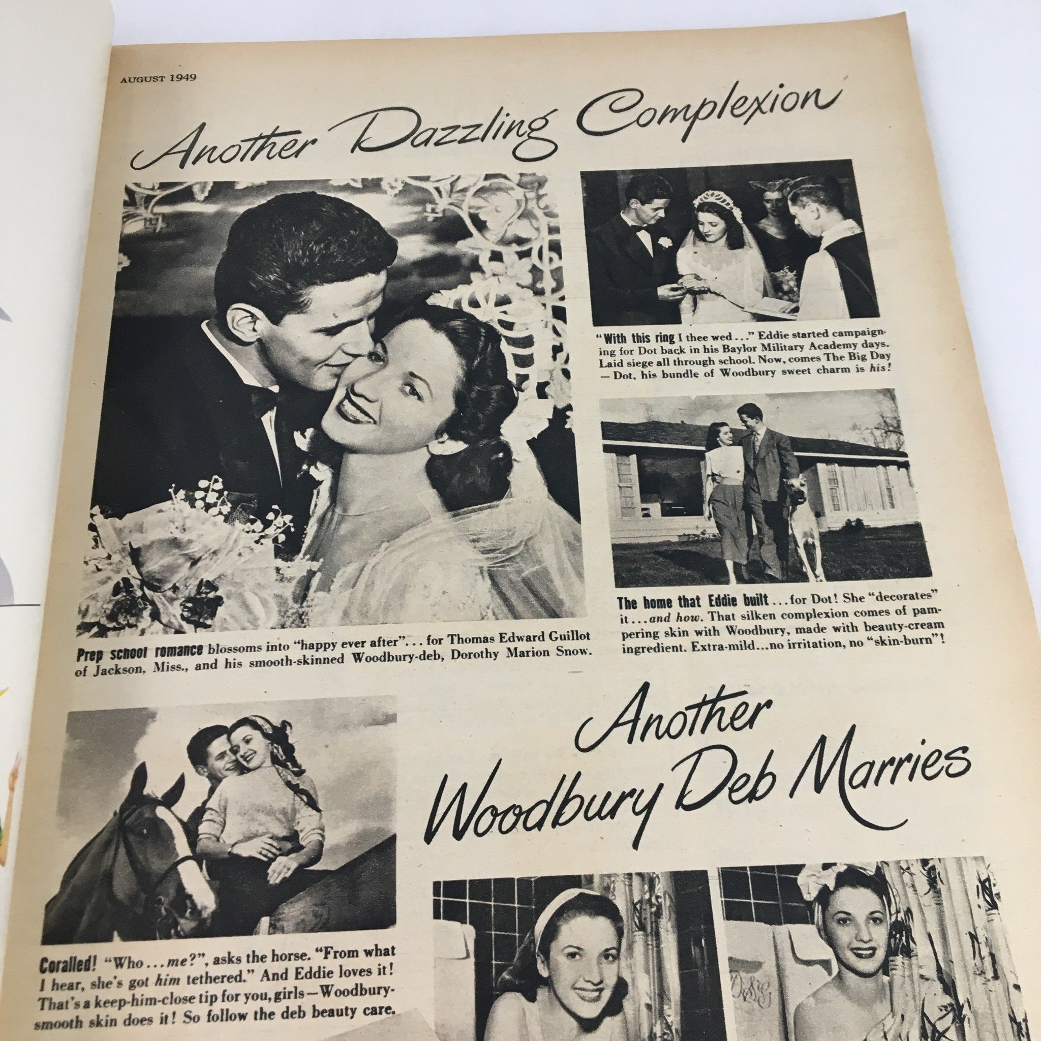 Inside page of the Family Circle Magazine August 1949, featuring the article 'Another Woodbury Deb Marries' with images of a couple and wedding celebrations.