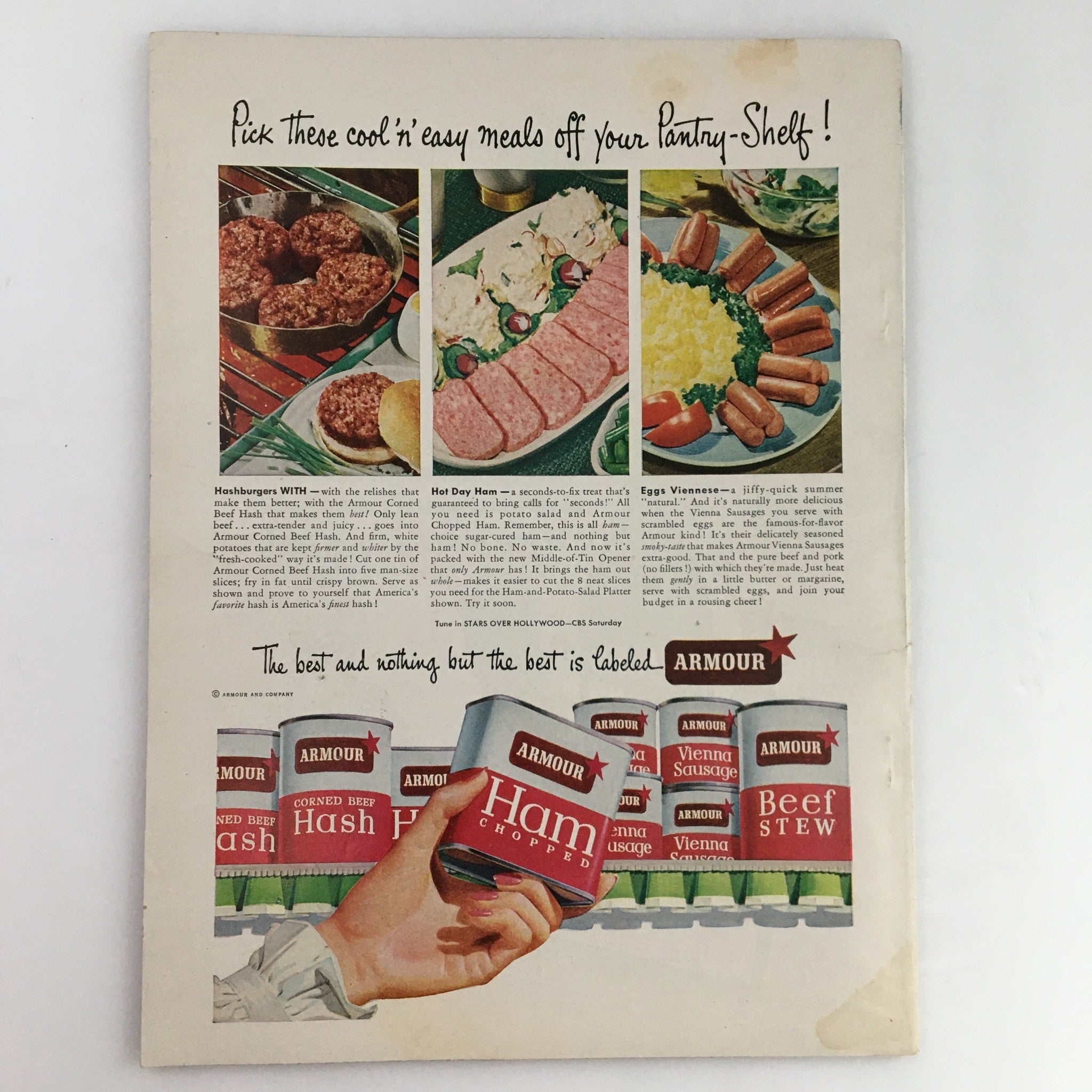 Back page of the Family Circle Magazine August 1949 displaying an advertisement for Armour canned foods, capturing mid-20th century marketing styles.