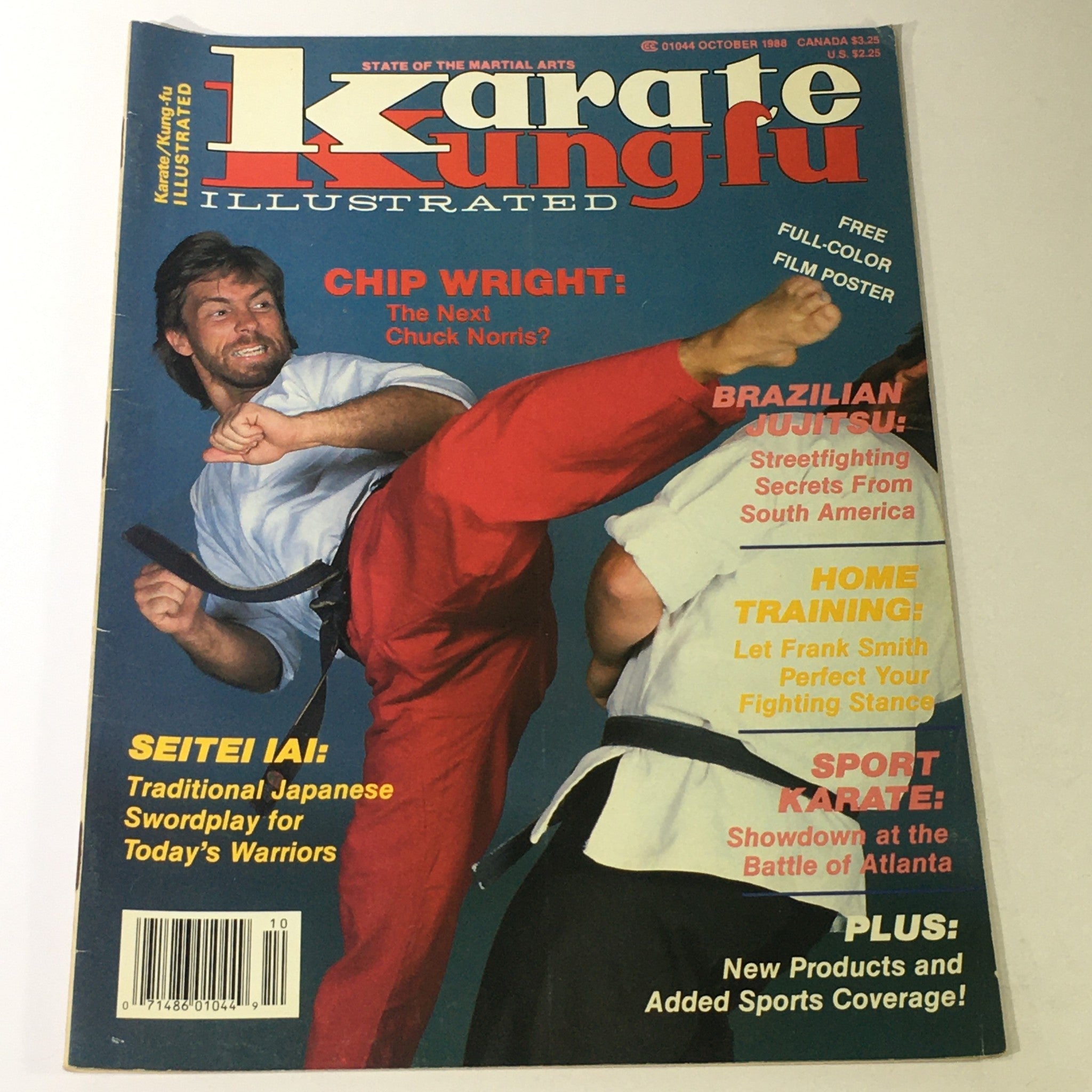Cover of VTG Karate Kung Fu Illustrated Magazine October 1988 featuring Chip Wright and martial arts action, showcasing articles on Brazilian Jujitsu and home training tips.