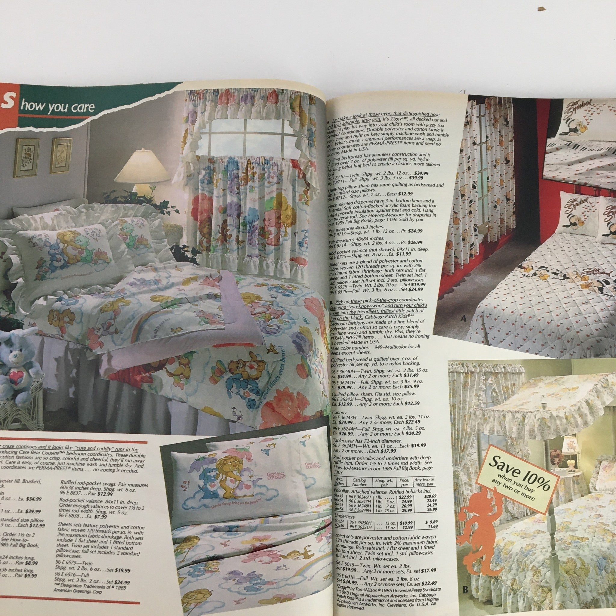 Interior of the 1985 Sears Wish Book Care Bear Cousins Price Guide Catalog showcasing bedding and curtains featuring Care Bear designs, with product details and prices listed.