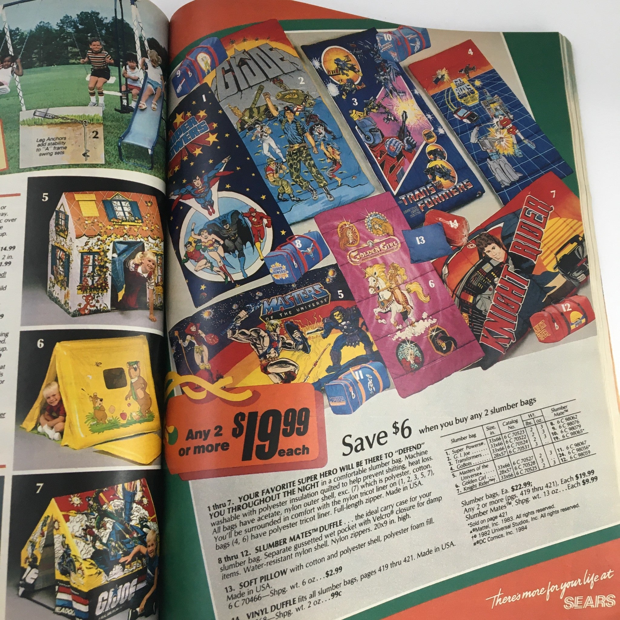 Page from the 1985 Sears Wish Book Care Bear Cousins Price Guide Catalog displaying colorful slumber bags and play tents featuring popular cartoon characters, with promotional pricing information.