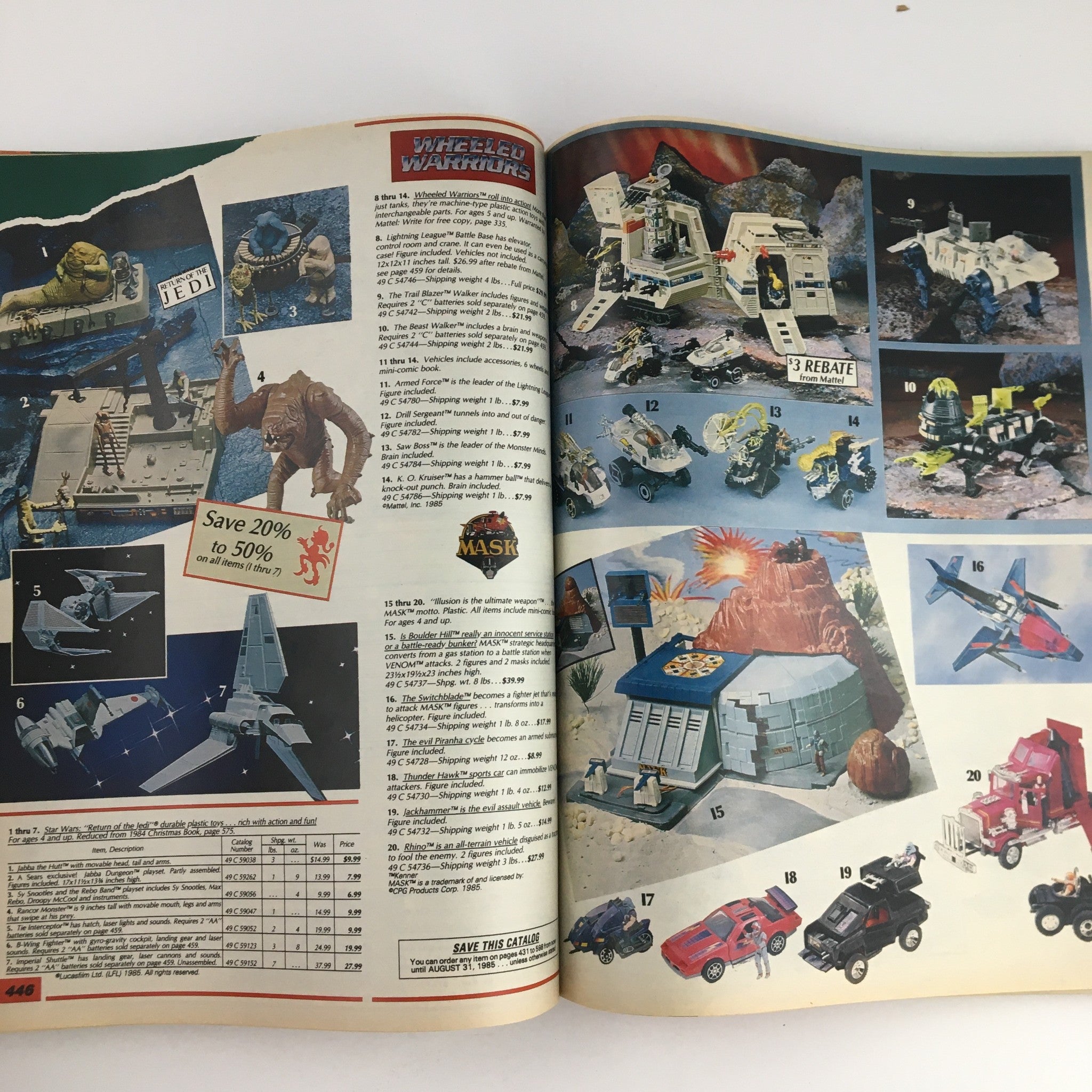 Collection of toys and vehicles featured in the 1985 Sears Wish Book Care Bear Cousins Price Guide Catalog, highlighting action figures and playsets with prices.