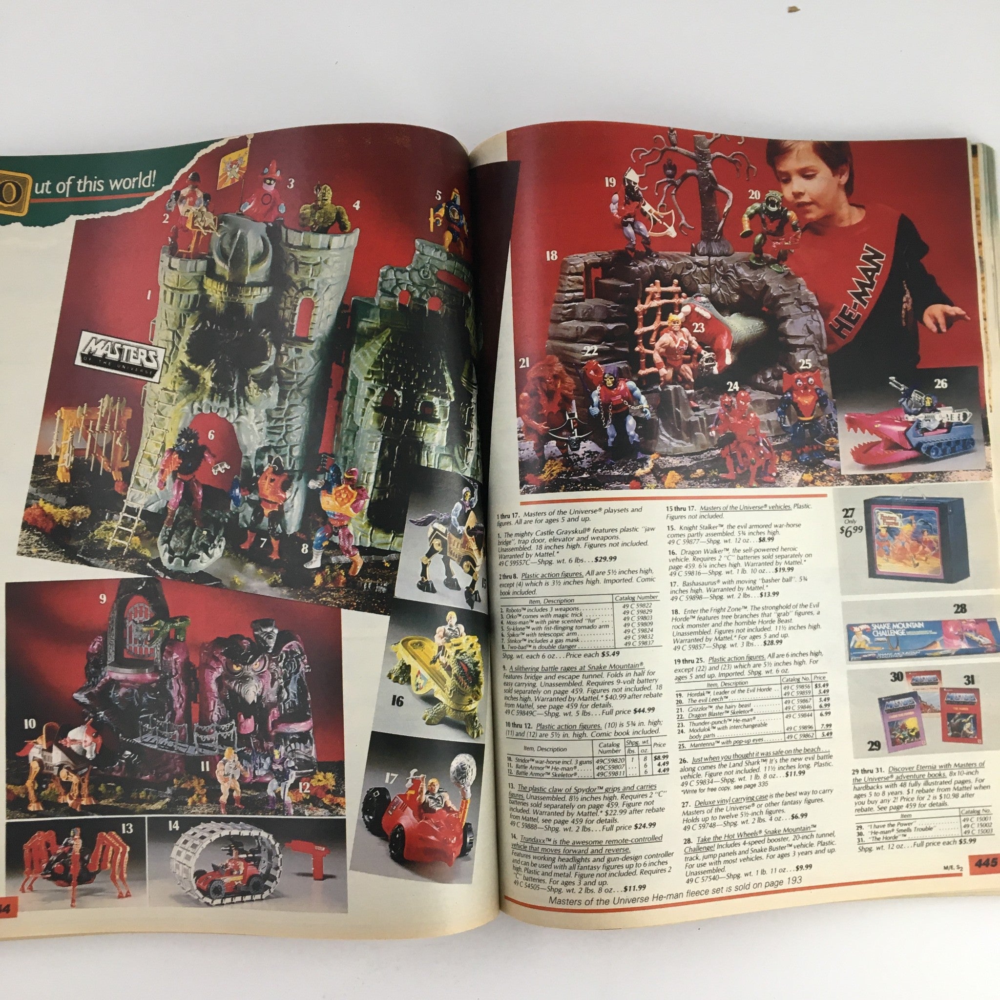 Masters of the Universe playsets and figures showcased in the 1985 Sears Wish Book Care Bear Cousins Price Guide Catalog, including product descriptions and pricing details.