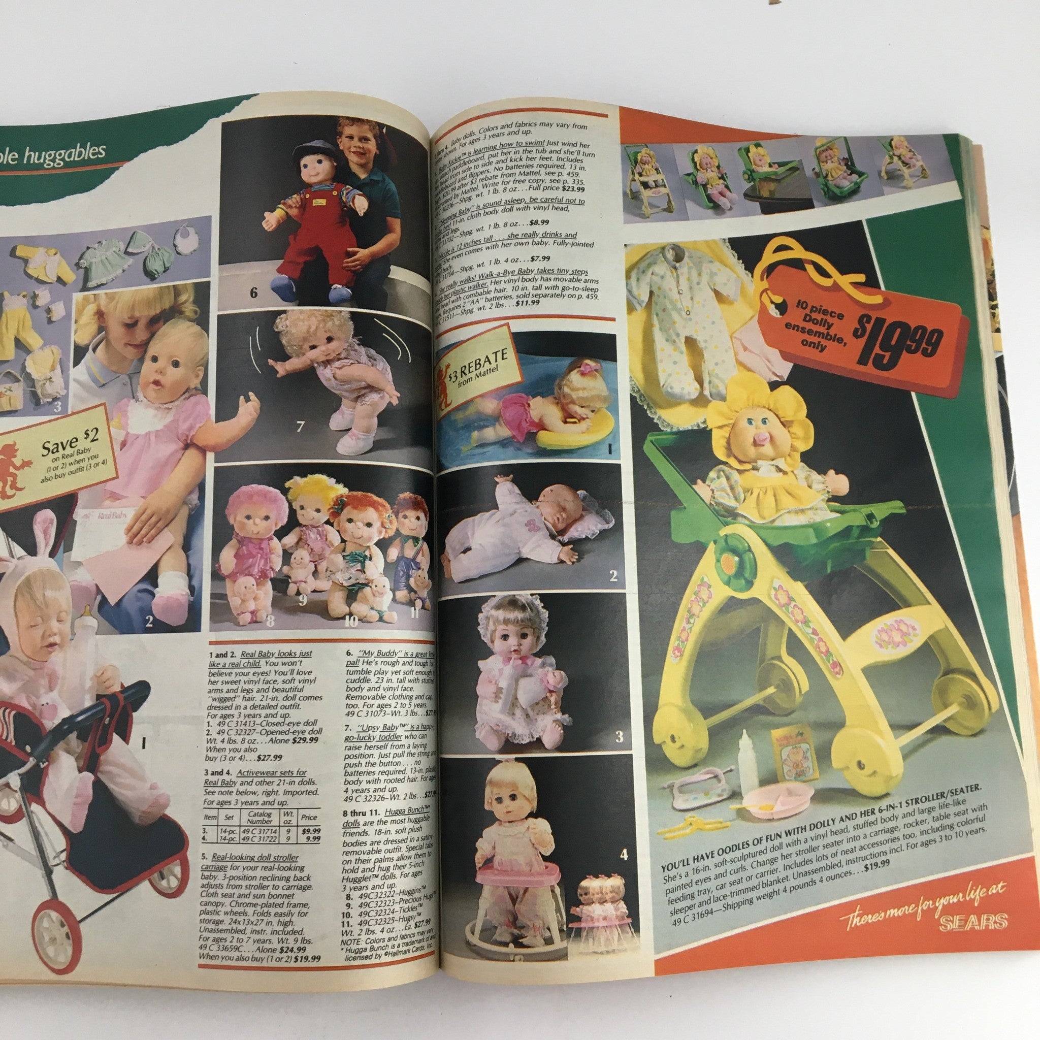 Image from the 1985 Sears Wish Book Care Bear Cousins Price Guide Catalog displaying a variety of dolls and toys, with an emphasis on children's play items and pricing.