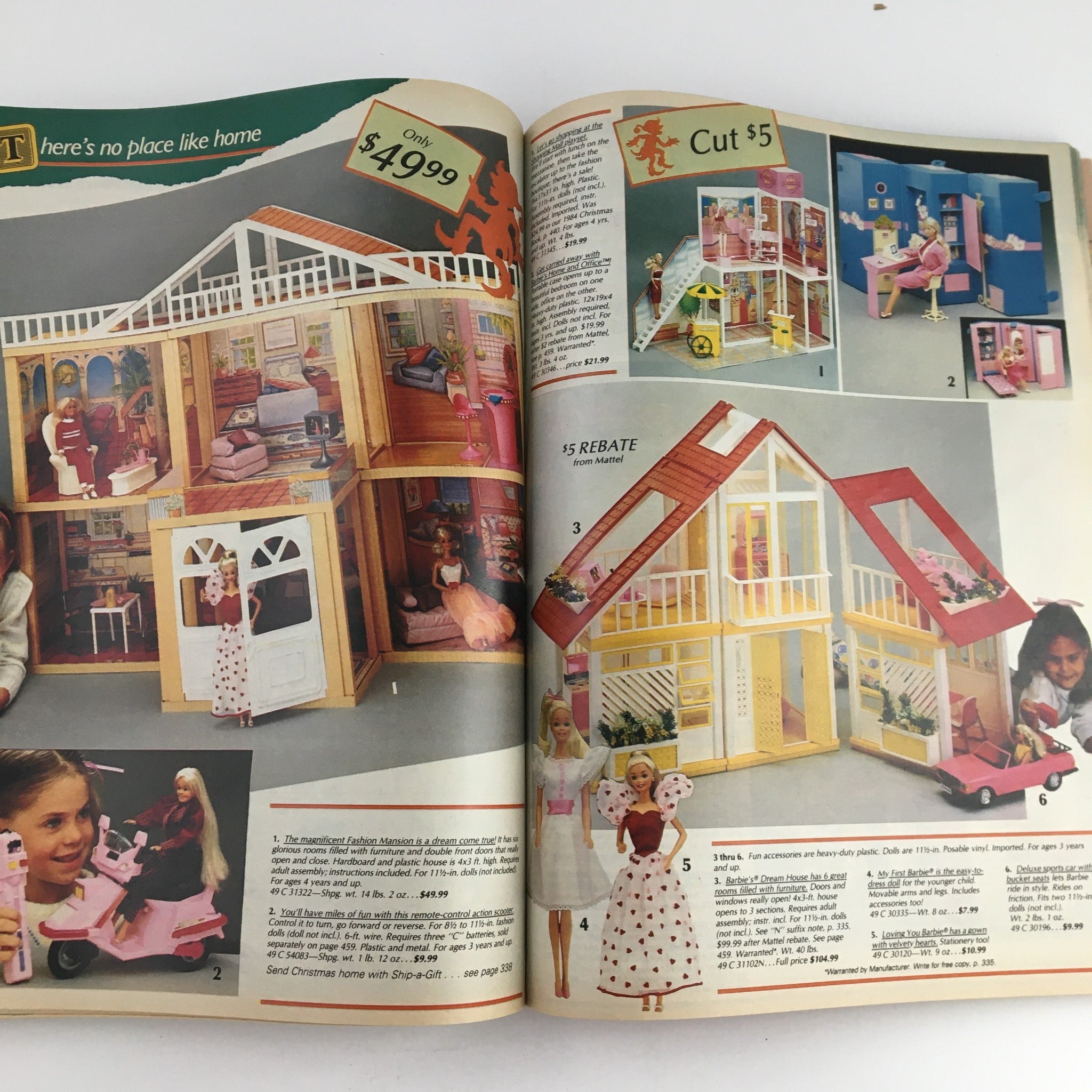 1985 Sears Wish Book Care Bear Cousins Price Guide Catalog showcasing a pink and yellow dollhouse with various dolls, priced at $49.99, along with accessories and rebate offers.