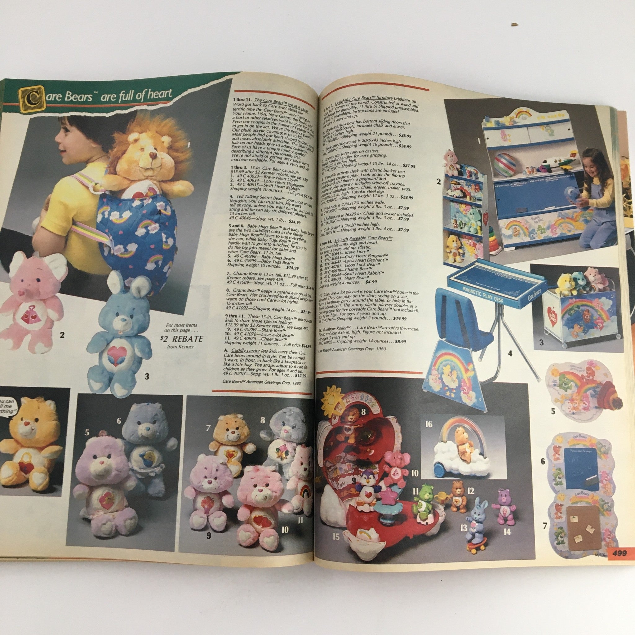 1985 Sears Wish Book Care Bear Cousins Price Guide Catalog displaying a variety of Care Bear plush toys, accessories, and colorful backpacks with a pricing chart.