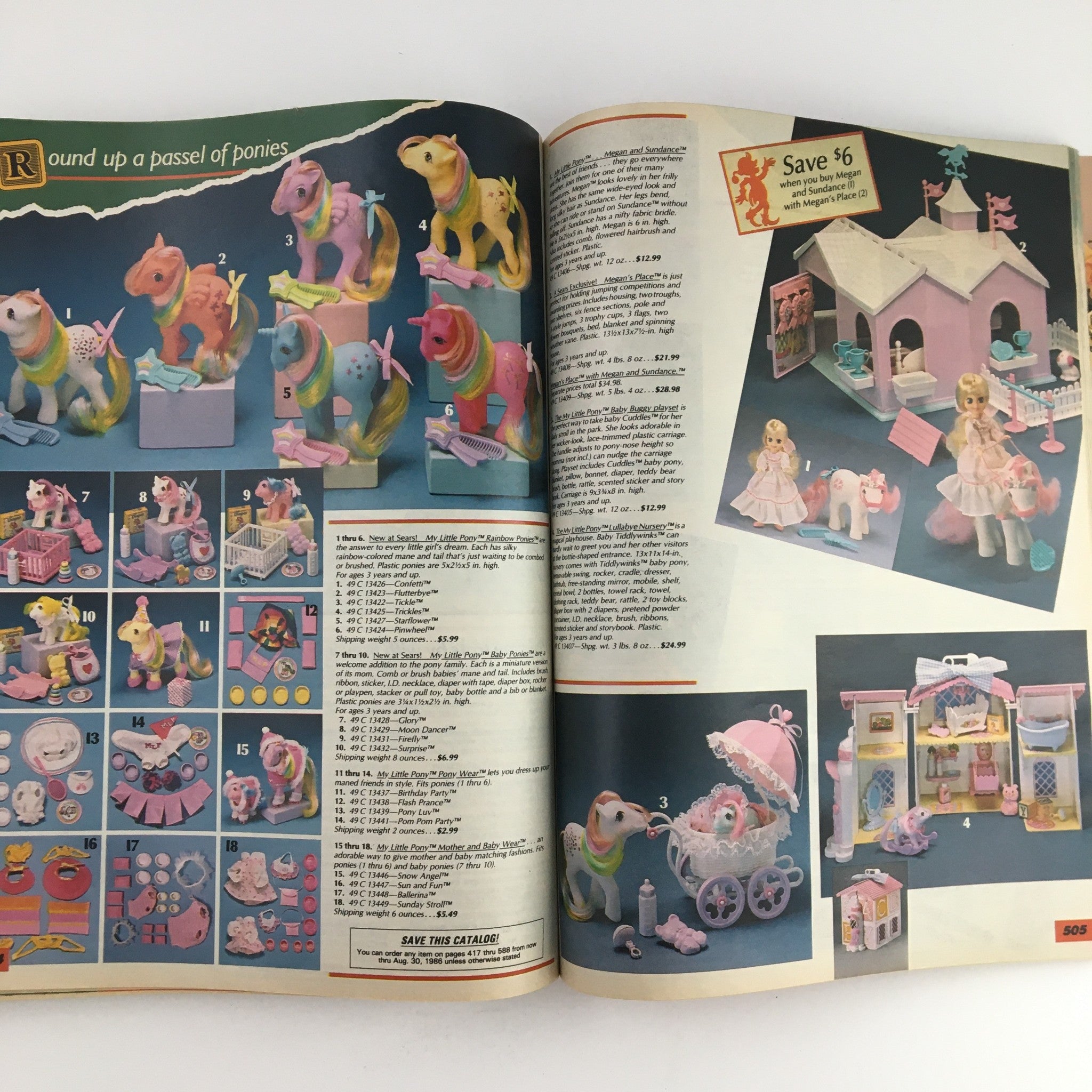 1985 Sears Wish Book Care Bear Cousins Price Guide Catalog illustrating My Little Pony toys, including colorful ponies and a playset, along with their prices.