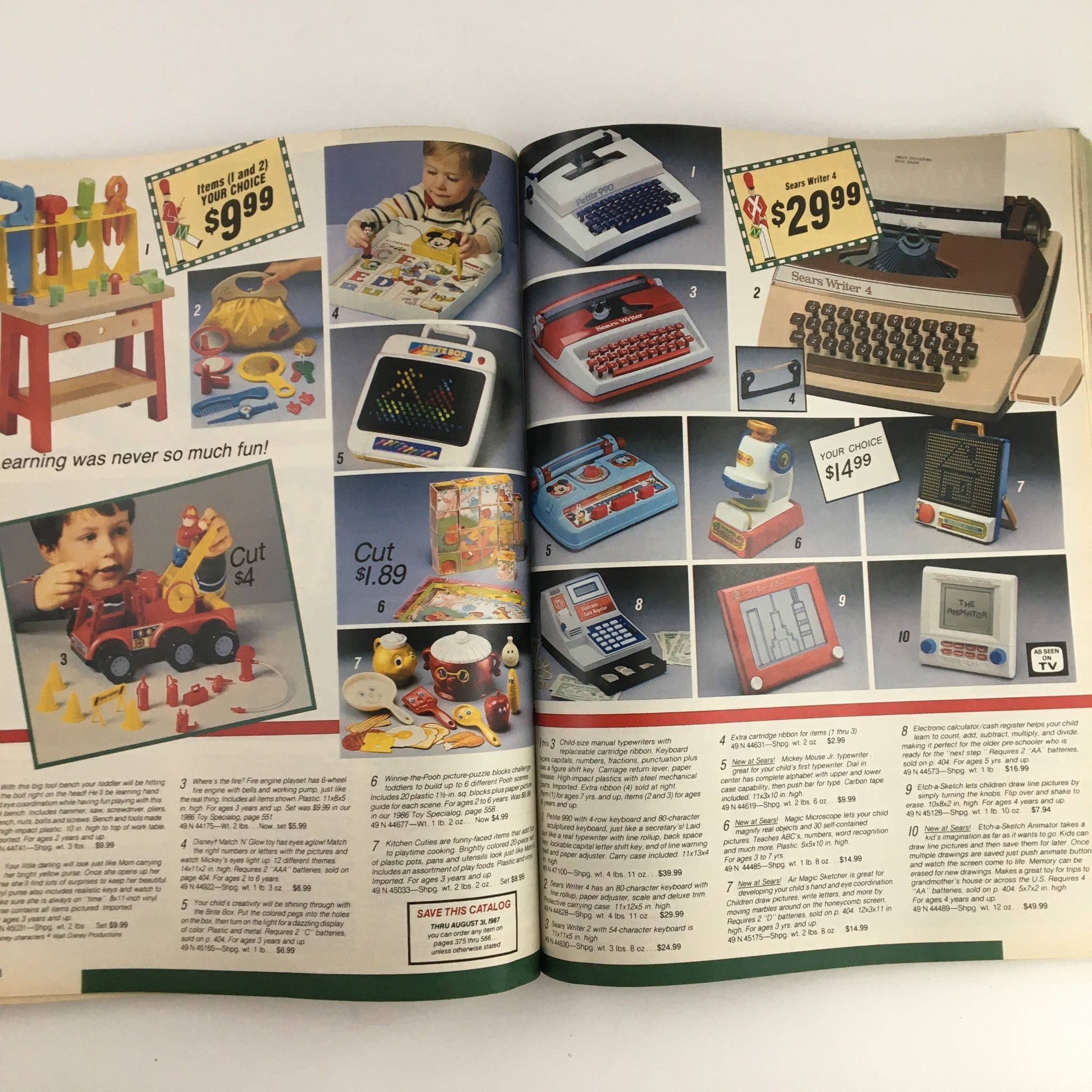 Page from the 1986 Sears Wish Book For Kids Barbie Toy Catalog displaying various educational toys and a young child playing with colorful toys.