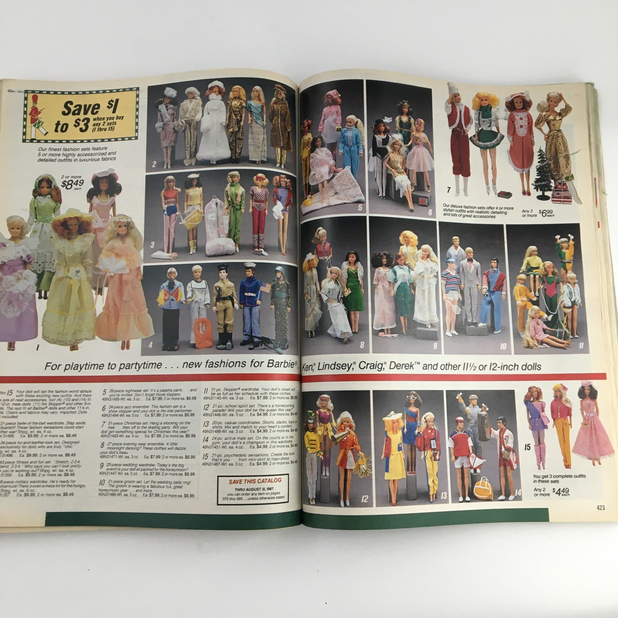 Page from the 1986 Sears Wish Book For Kids Barbie Toy Catalog featuring an array of Barbie dolls in fashionable outfits highlighting different styles.