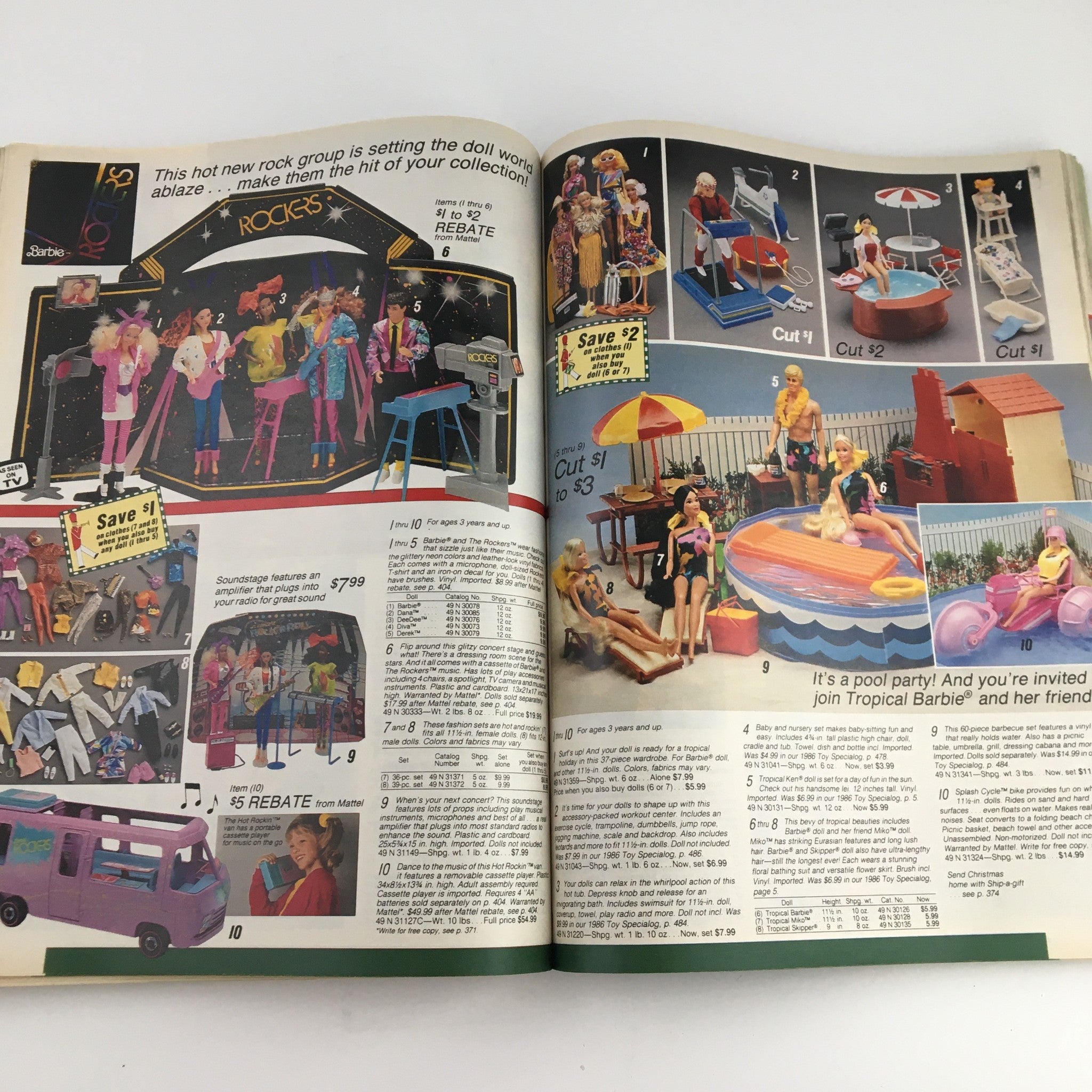 1986 Sears Wish Book For Kids Barbie Toy Catalog featuring Barbie dolls in a rock band setting, showcasing various doll accessories and playsets for young collectors.