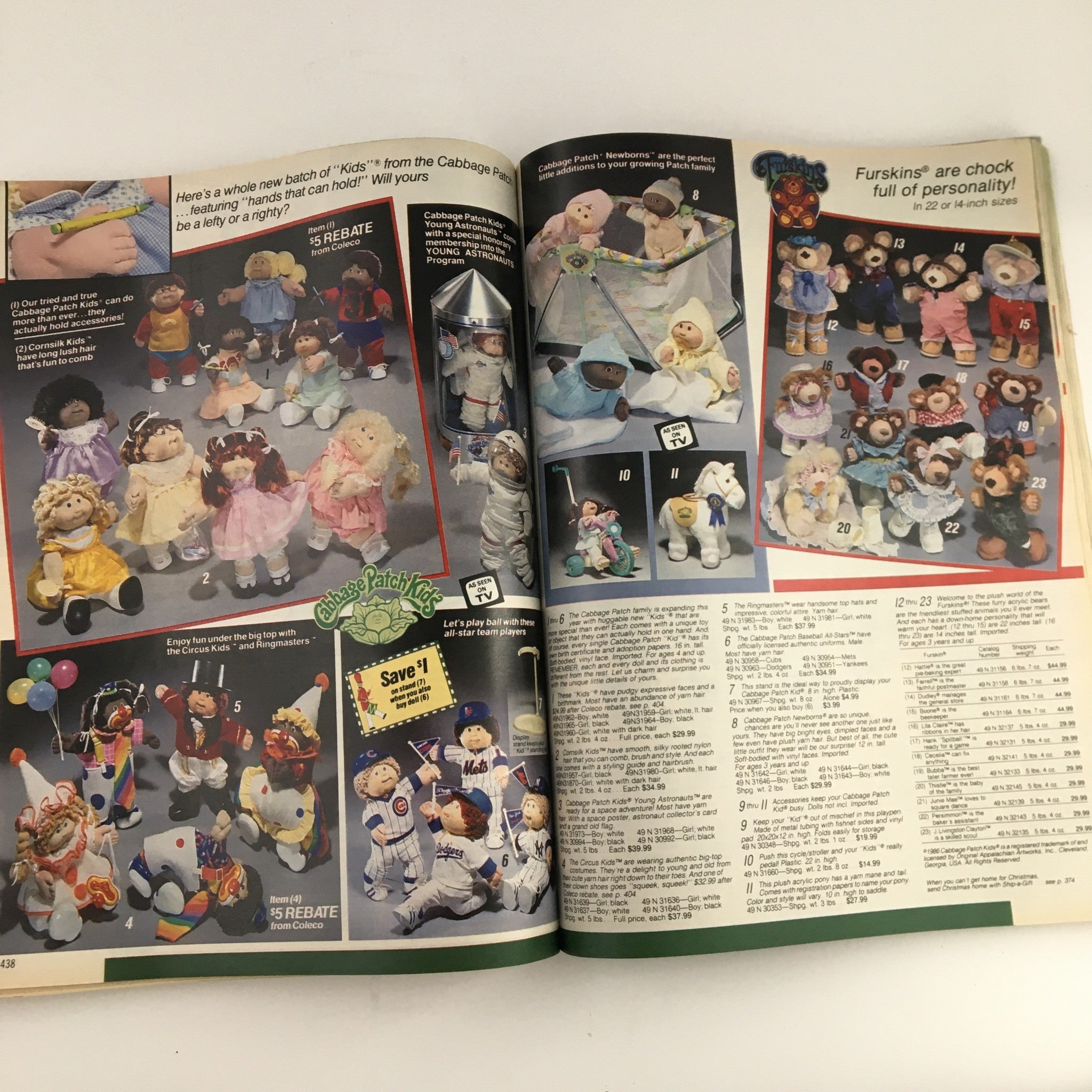 1986 Sears Wish Book For Kids Barbie Toy Catalog displaying Cabbage Patch Kids dolls and Furkins toys, emphasizing the charming variety of collectible dolls available.
