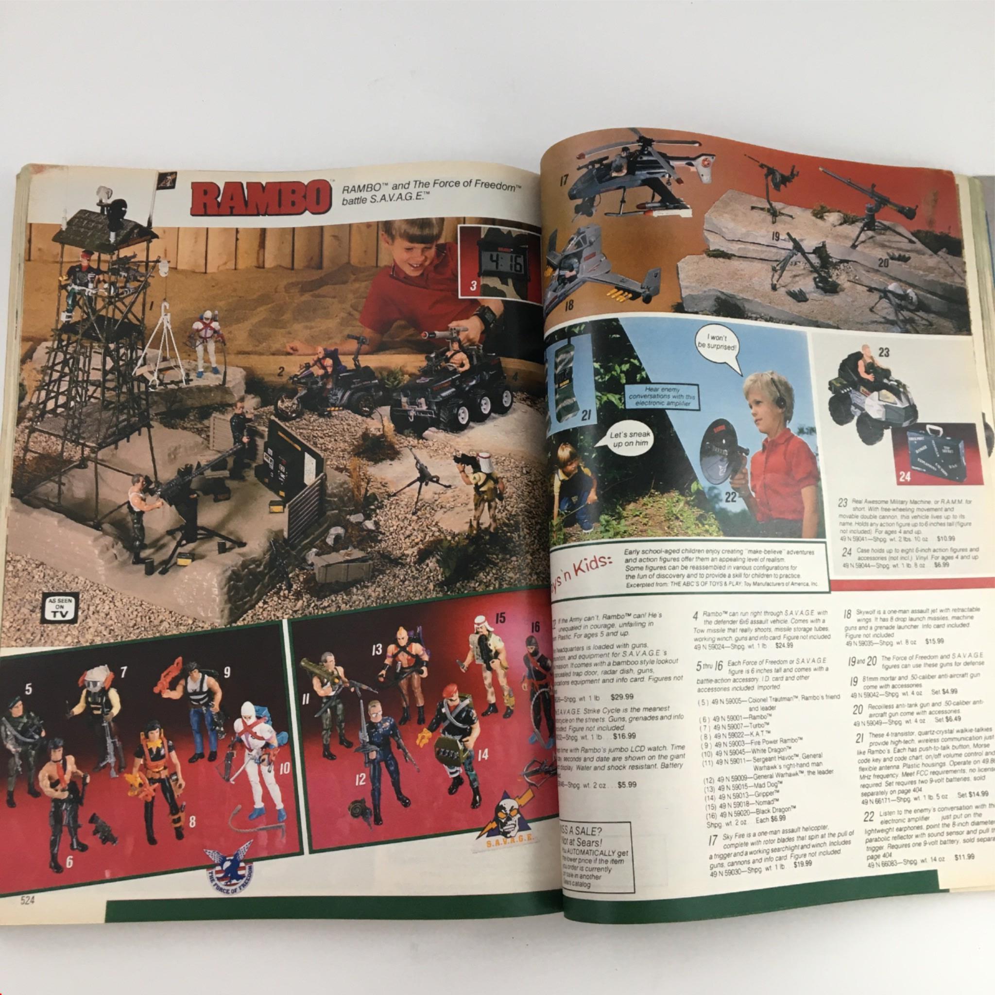 1986 Sears Wish Book For Kids Barbie Toy Catalog page highlighting Rambo toy figures and playsets, illustrating action-oriented play options for kids.