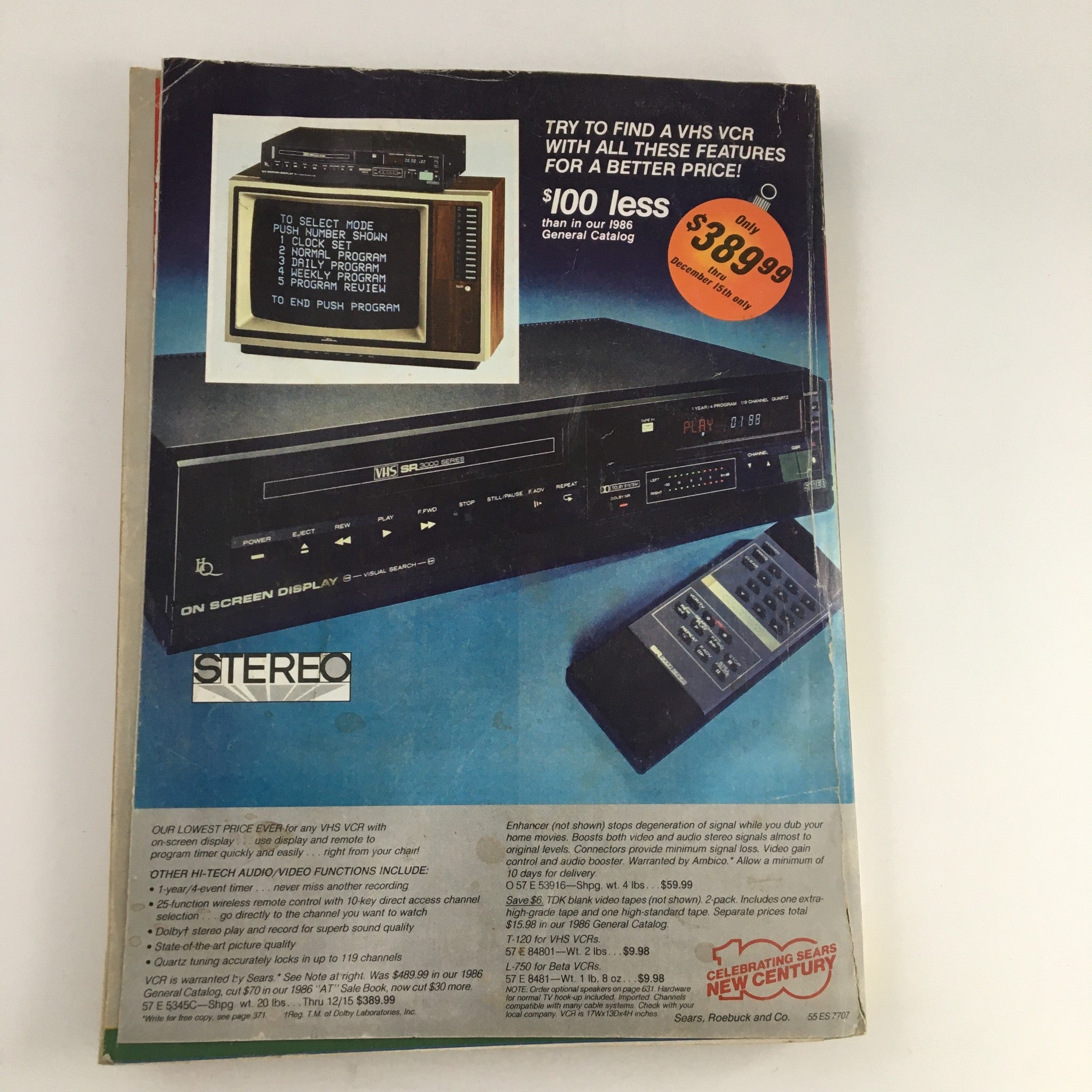 1986 Sears Wish Book For Kids Barbie Toy Catalog back cover featuring a VHS VCR advertisement, displaying features and price details for vintage electronics.