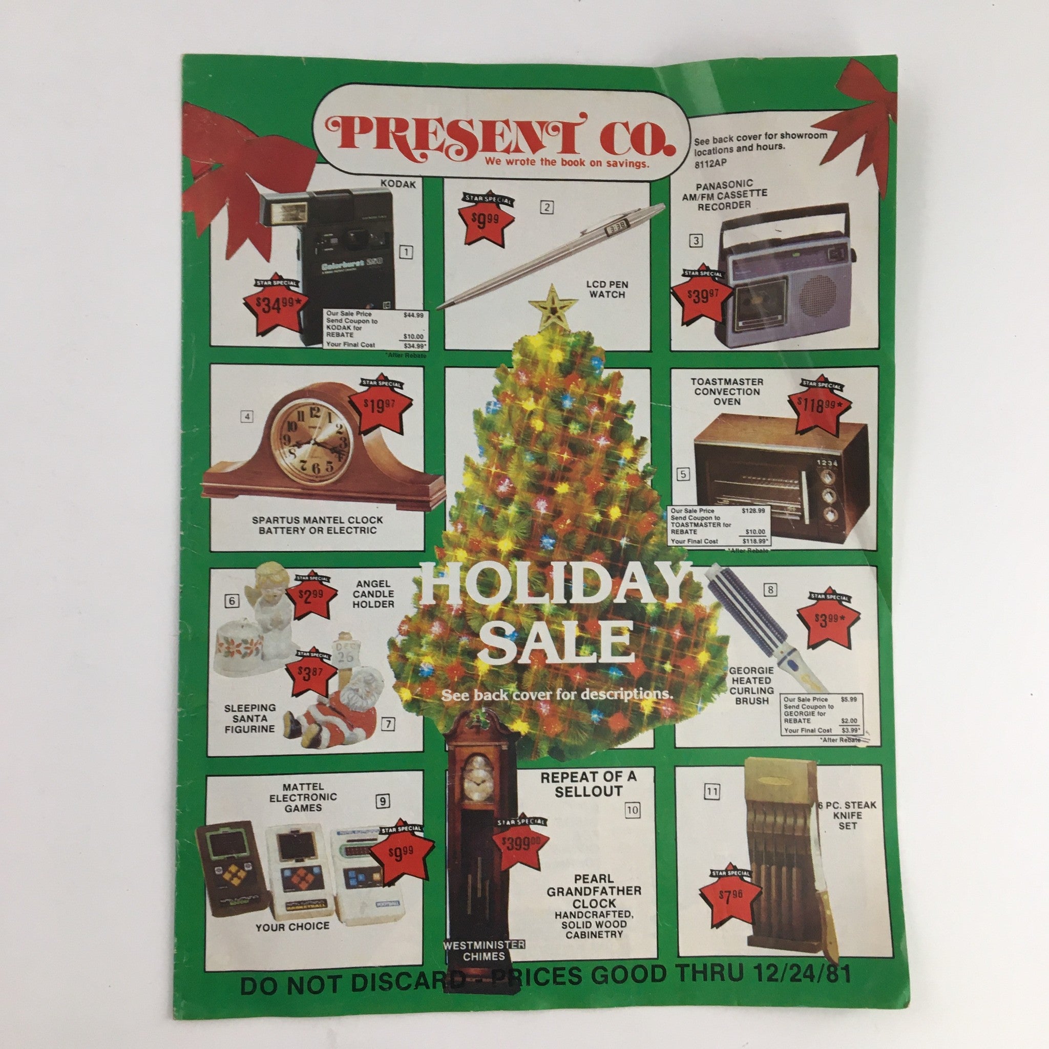 1981 Present Co. Holiday Sale Specials Kodak Price Guide Catalog featuring product displays including cameras, kitchen appliances, and holiday-themed graphics.