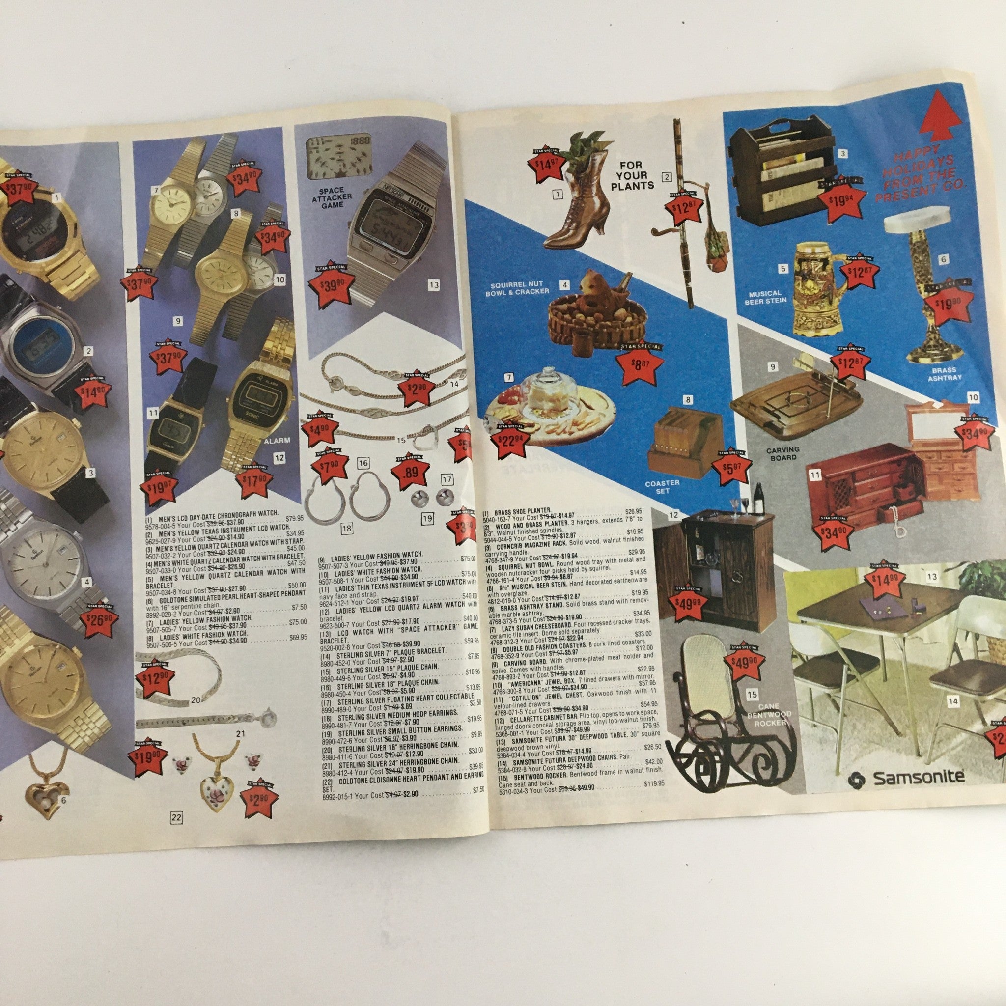 Further inside the 1981 Present Co. Holiday Sale Specials Kodak Price Guide Catalog displaying more jewelry, watches, and other gift items with prices.