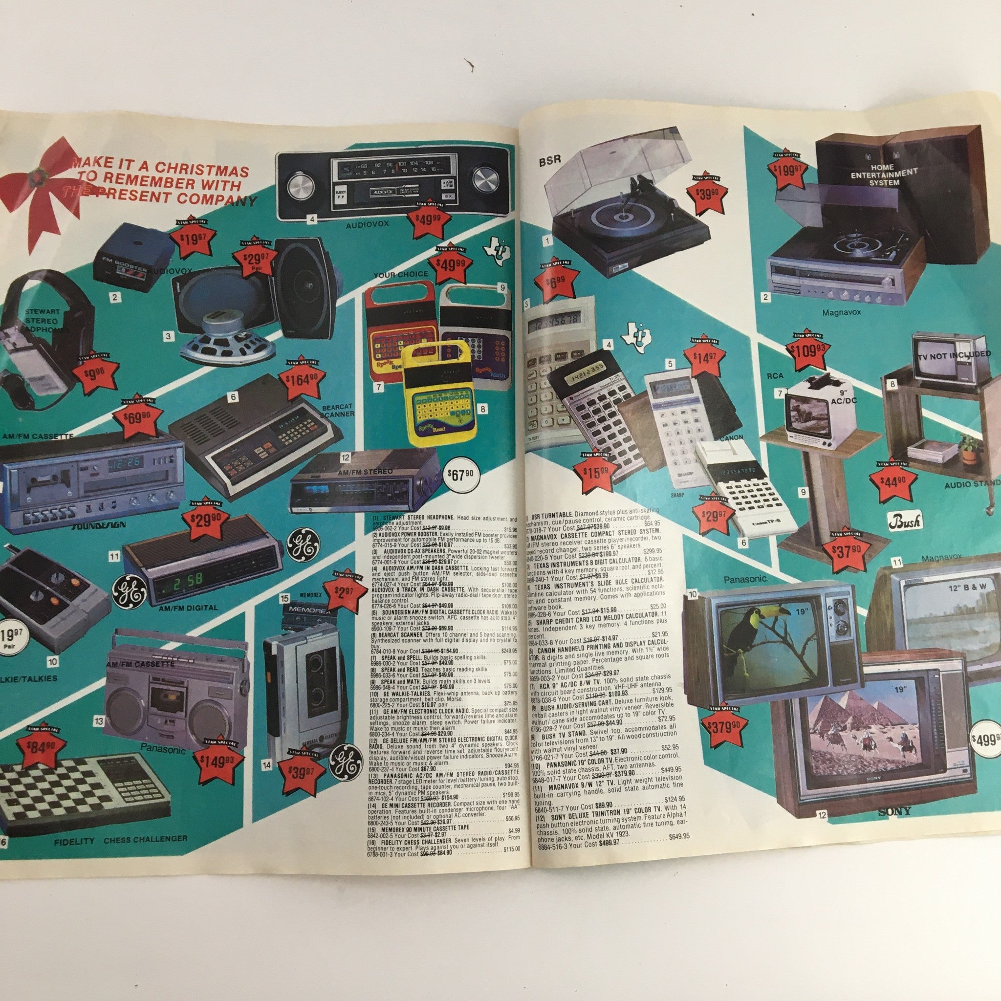 1981 Present Co. Holiday Sale Specials Kodak Price Guide Catalog displaying various audio and video equipment along with their prices.