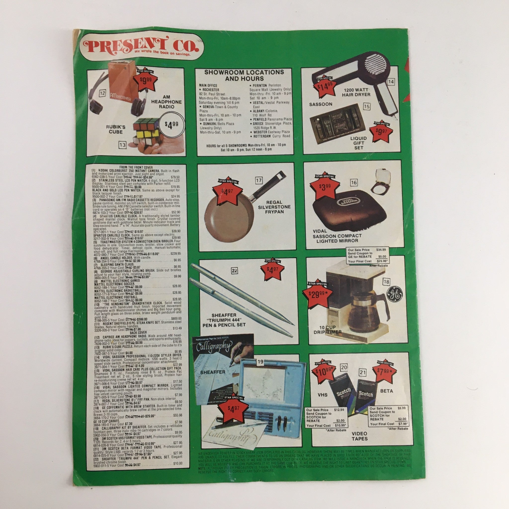 1981 Present Co. Holiday Sale Specials Kodak Price Guide Catalog back cover featuring locations and hours for Present Co. showrooms.