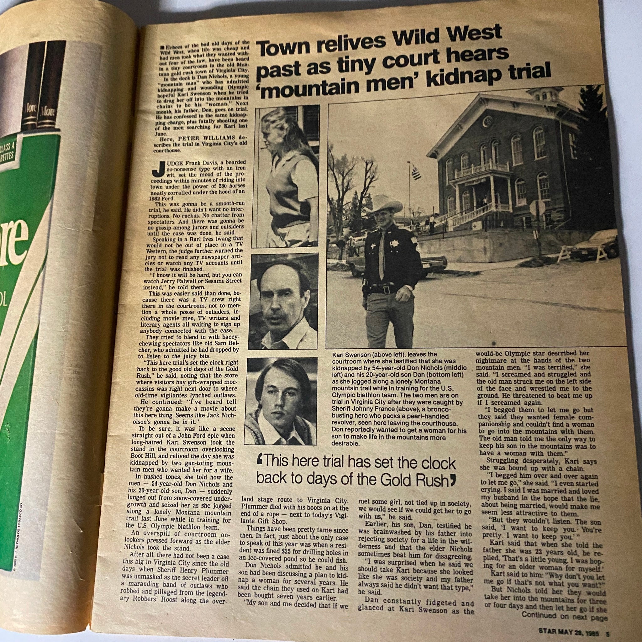 Inside spread of Star Tabloid Magazine from May 28, 1985 featuring an article about a Wild West court hearing, reminiscing about the kidnapping of mountain men.