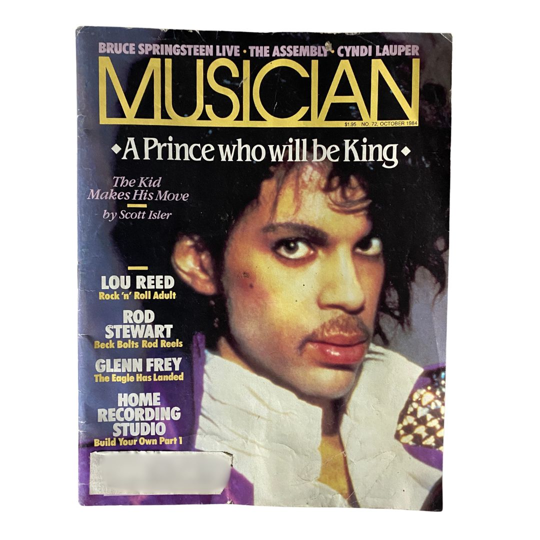 Vintage October 1984 issue of Musician Magazine featuring the iconic cover story titled 'A Prince Who Will Be King'. The cover includes headlines about Lou Reed, Rod Stewart, Glenn Frey, and Home Recording Studio tips, highlighting the vibrant music scene of the 1980s.
