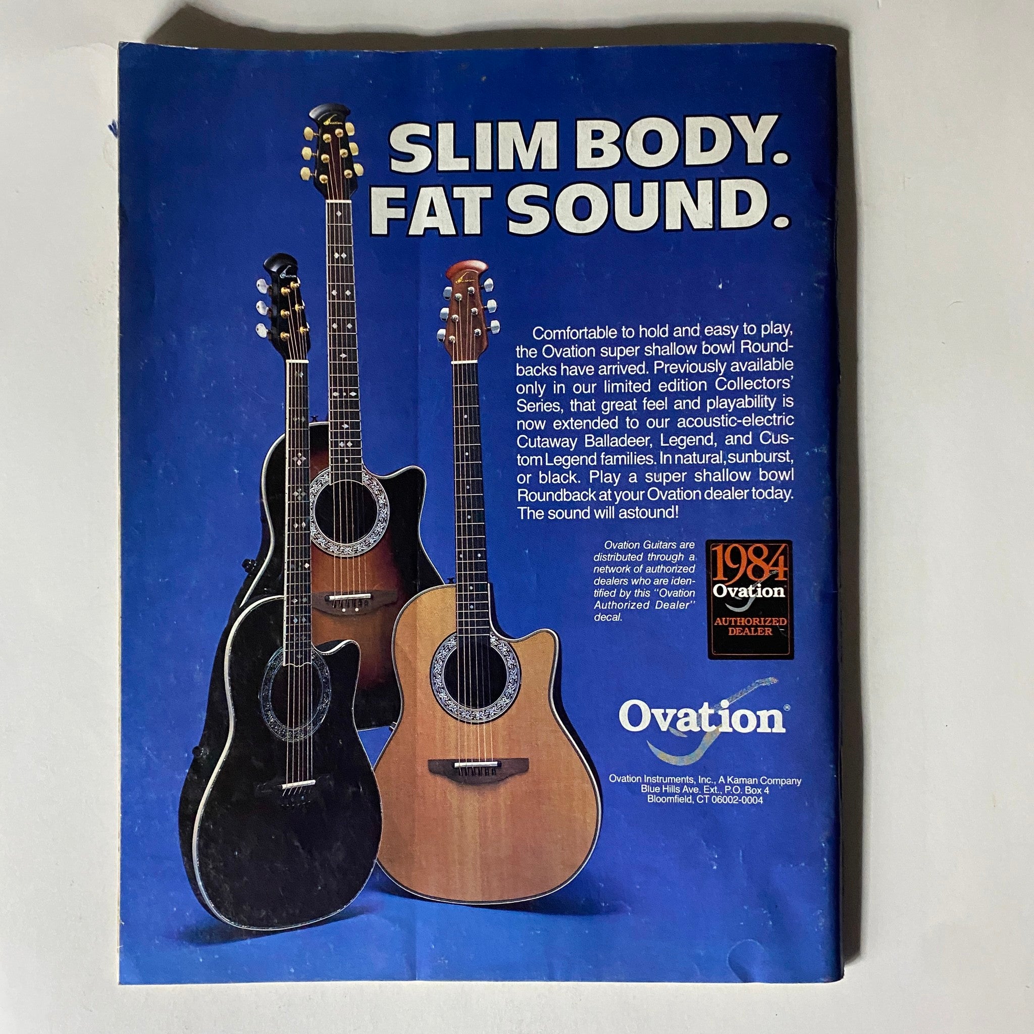 Back cover advertisement of VTG Musician Magazine October 1984 featuring Ovation guitars with the slogan 'Slim Body. Fat Sound.' highlighting their acoustic-electric guitar models.
