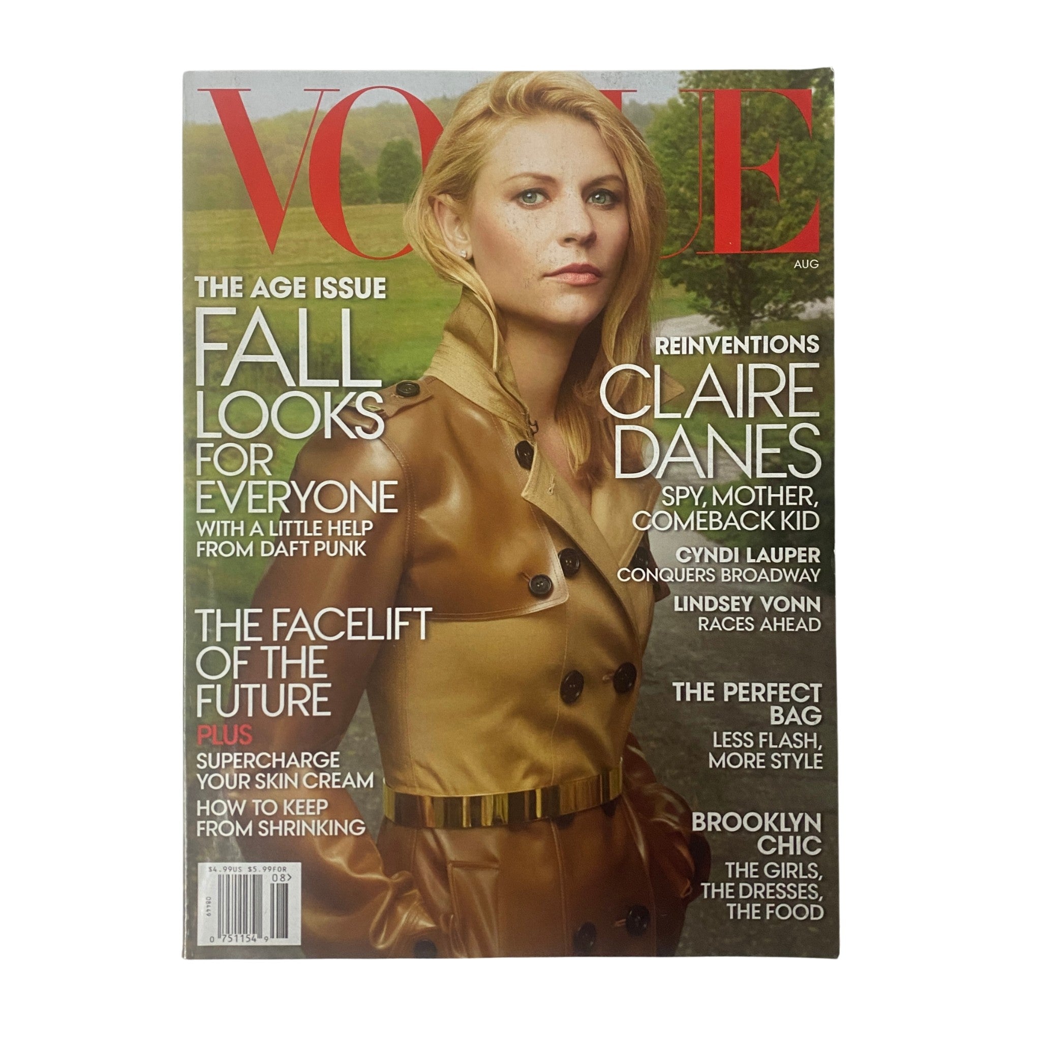 Vogue Magazine August 2013 featuring Claire Danes on the cover in a stylish gold trench coat, highlighting fashion and elegance.