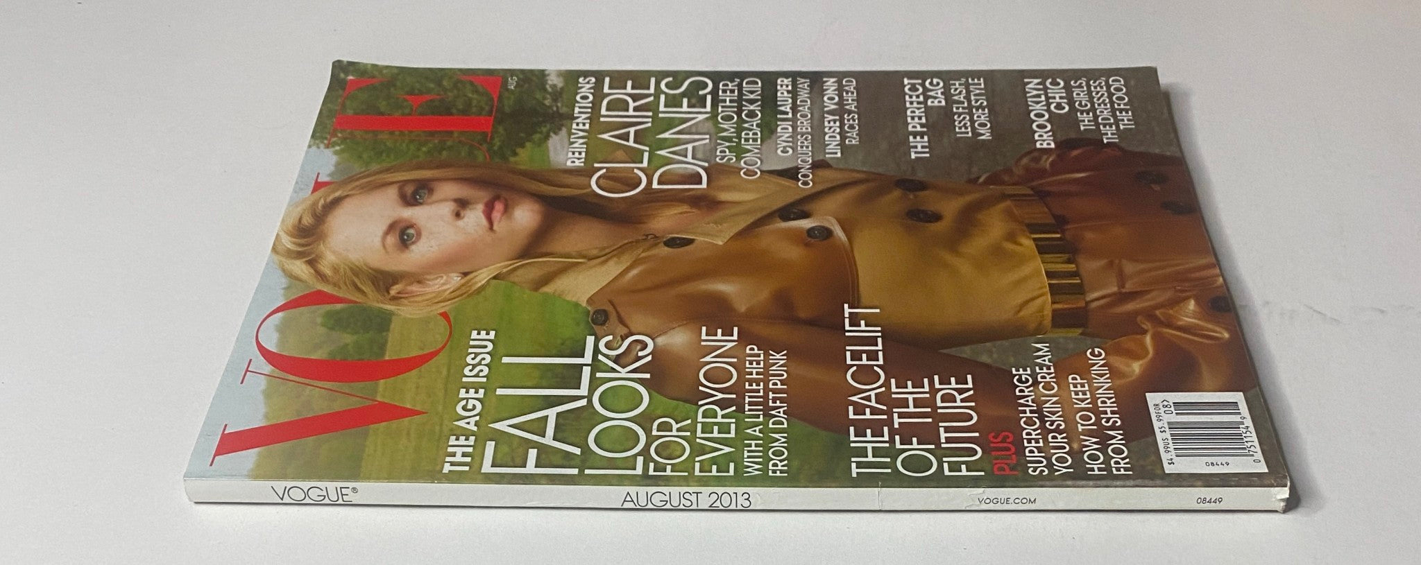 Side view of Vogue Magazine August 2013 with Claire Danes on the cover, focusing on the magazine's design and layout.