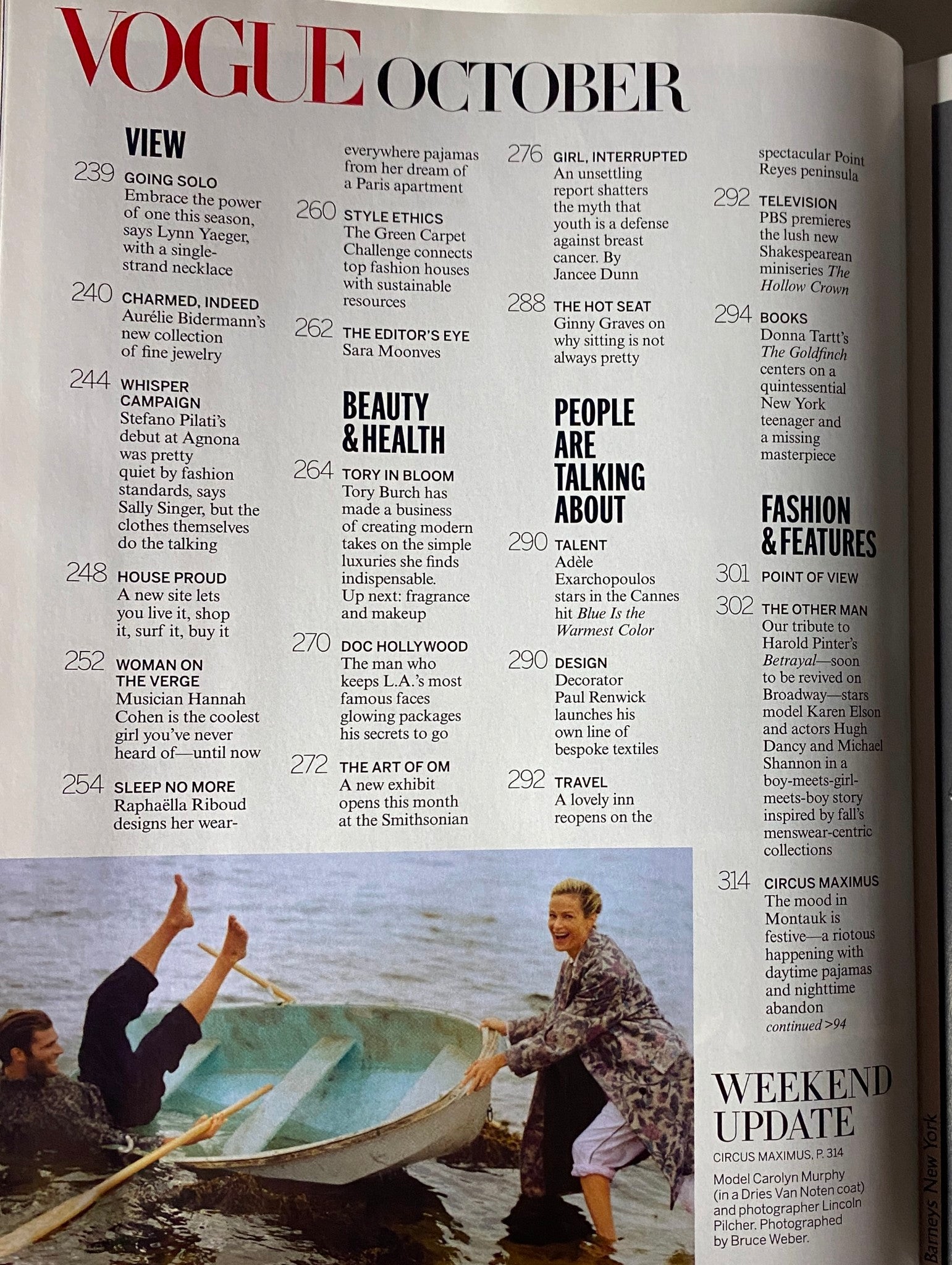 Another interior page from Vogue Magazine October 2013, outlining additional features such as 'Beauty & Health' and cultural discussions, reflecting the magazine's diverse content.