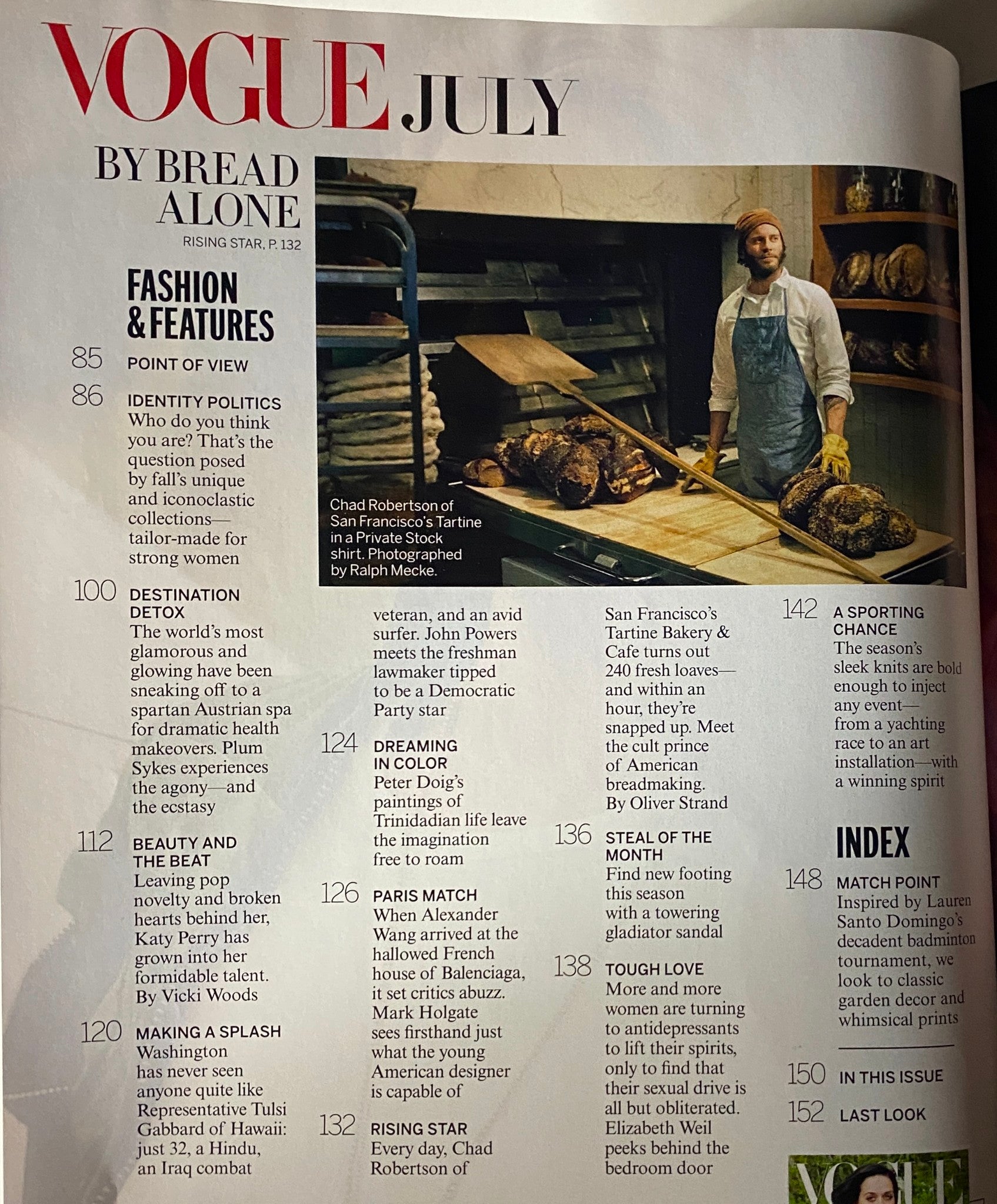 Table of contents page from Vogue Magazine July 2013 featuring key articles and topics including 'By Bread Alone', 'Identity Politics', and various fashion and feature highlights.