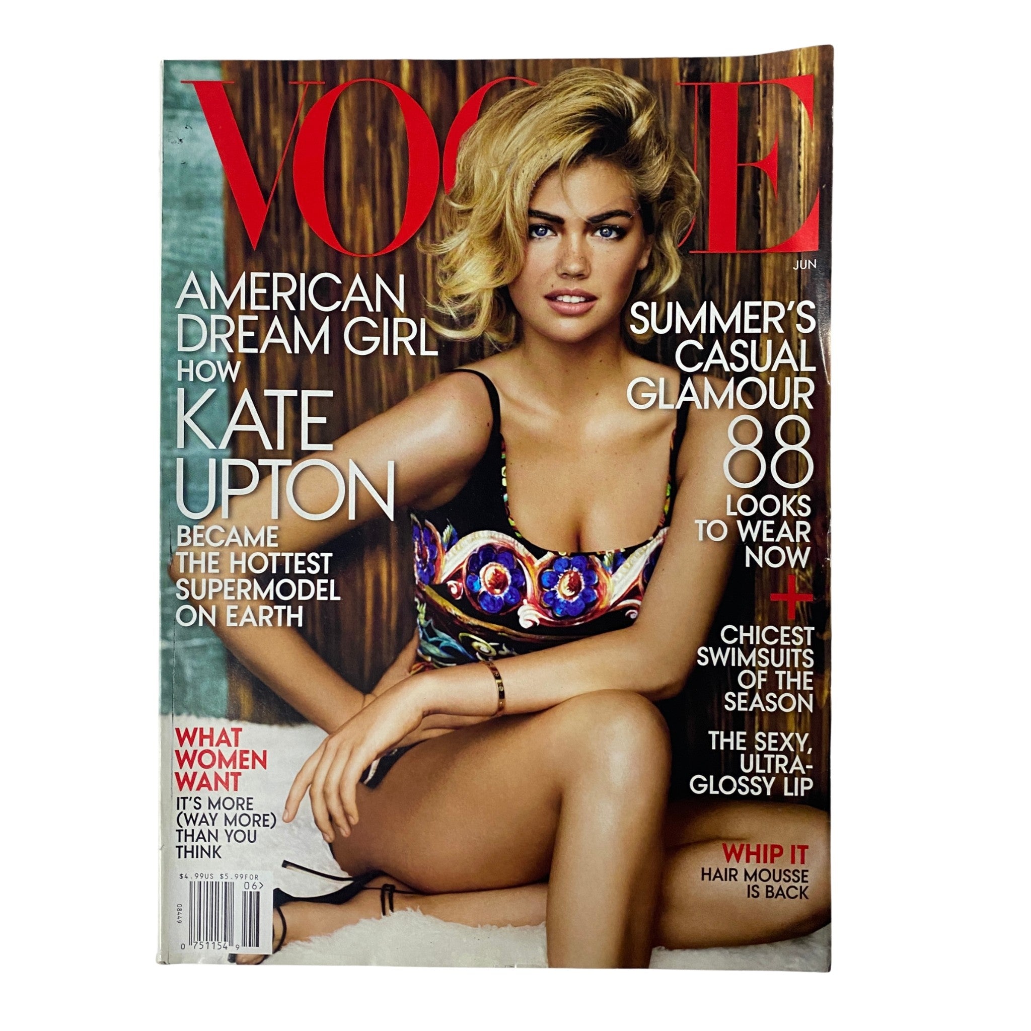 Vogue Magazine June 2013 featuring Kate Upton on the cover, showcasing her as the American dream girl with summer fashion highlights, described as how she became the hottest supermodel on Earth.