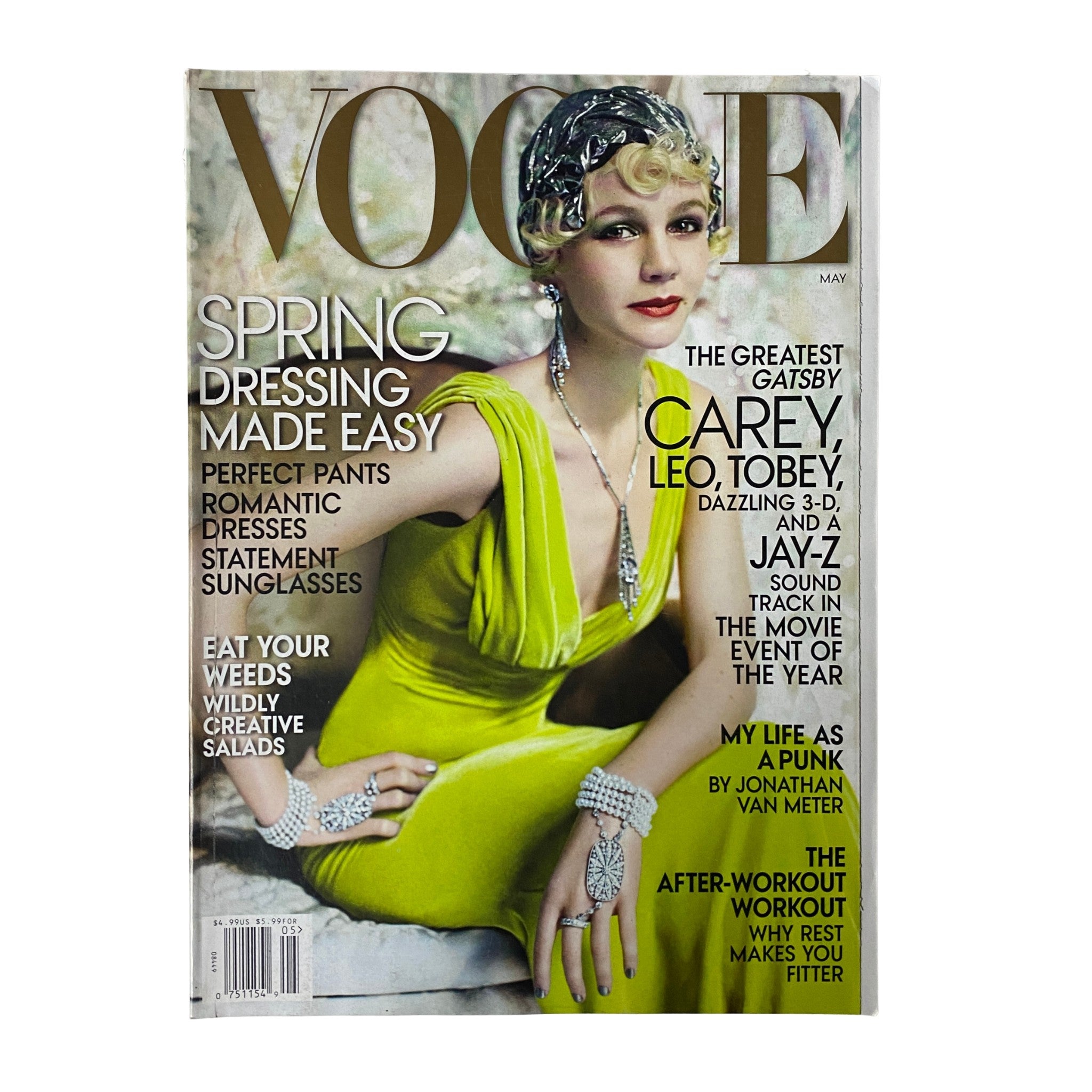 Vogue Magazine May 2013 Carey Mulligan Cover featuring a glamorous actress styled in a yellow dress, adorned with jewelry, highlighting the theme of spring fashion related to The Great Gatsby. Very Good Condition, No Label.