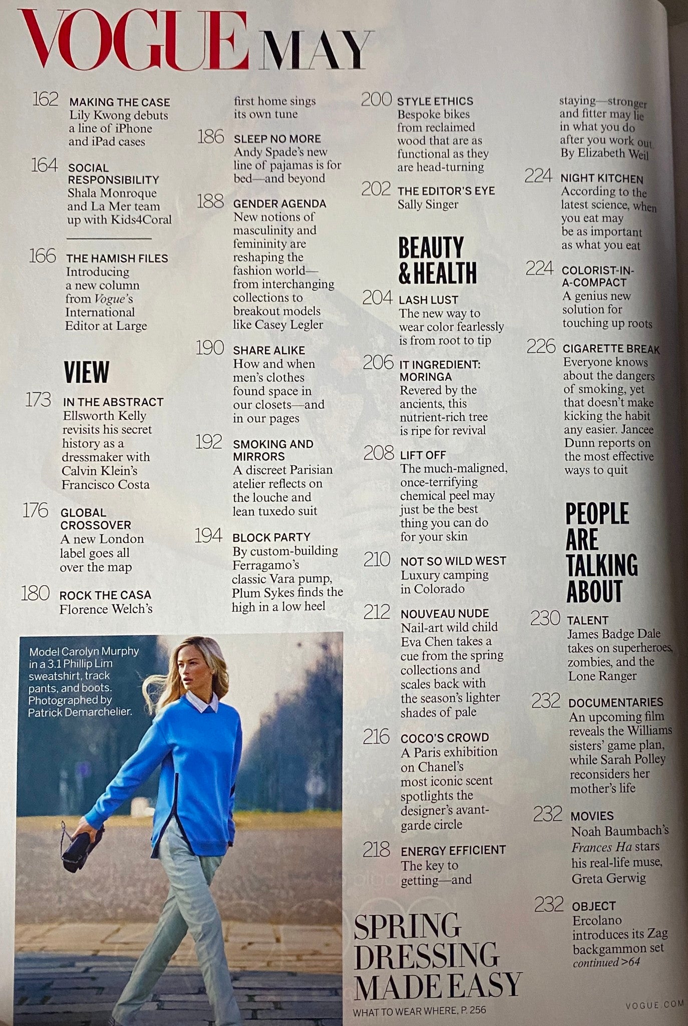 Vogue Magazine May 2013 page featuring highlights of the issue, including sections on beauty, health, and seasonal fashion tips.