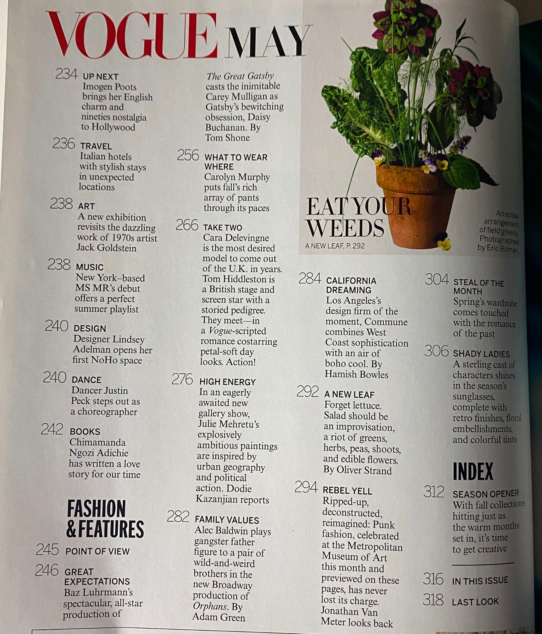 Vogue Magazine May 2013 page showcasing various articles and editorial features including 'Great Expectations' and 'Fashion & Features'.