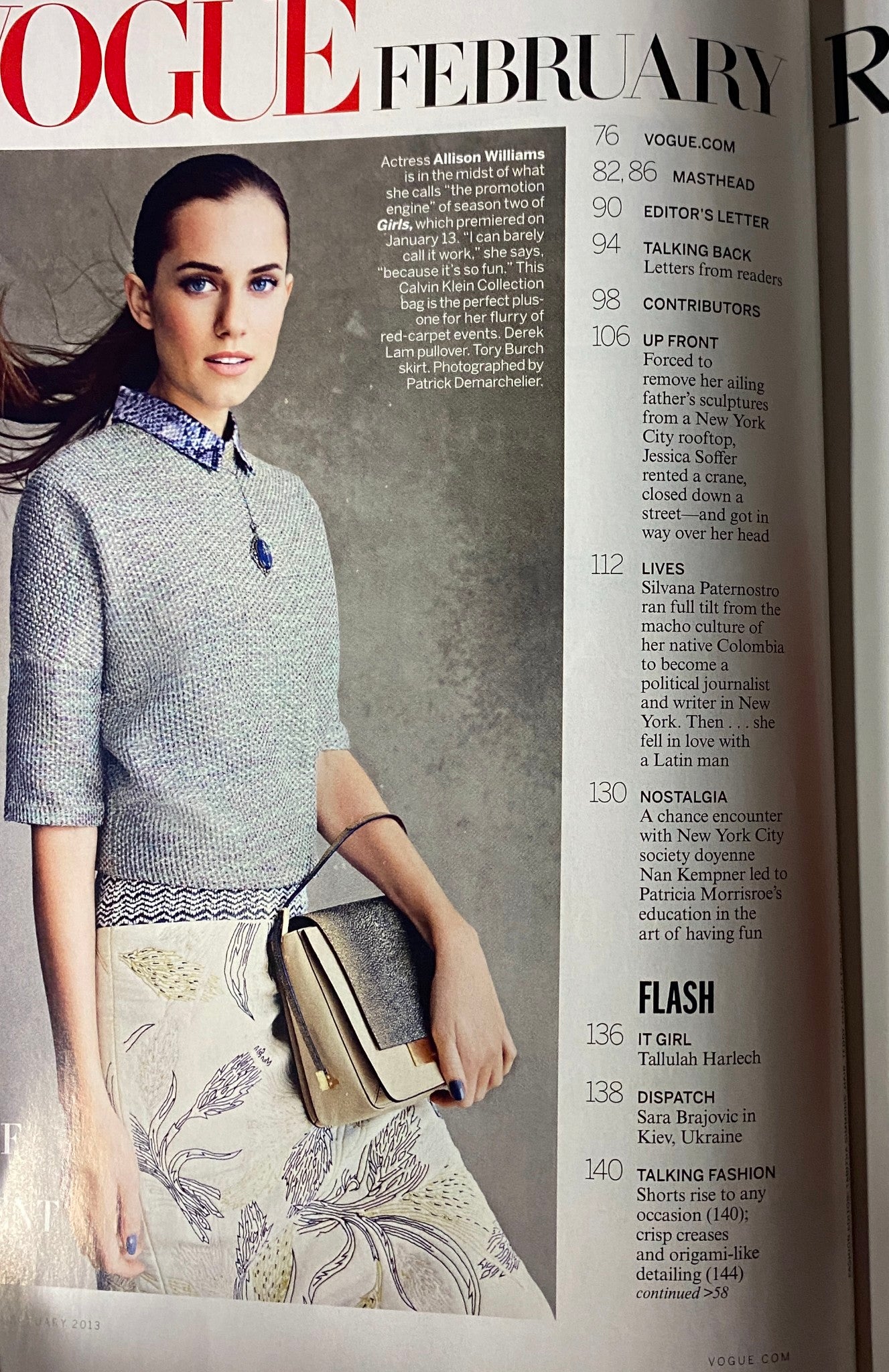 Interior page of Vogue Magazine February 2013, featuring a fashion editorial with Allison Williams, highlighting the magazine's style and content.