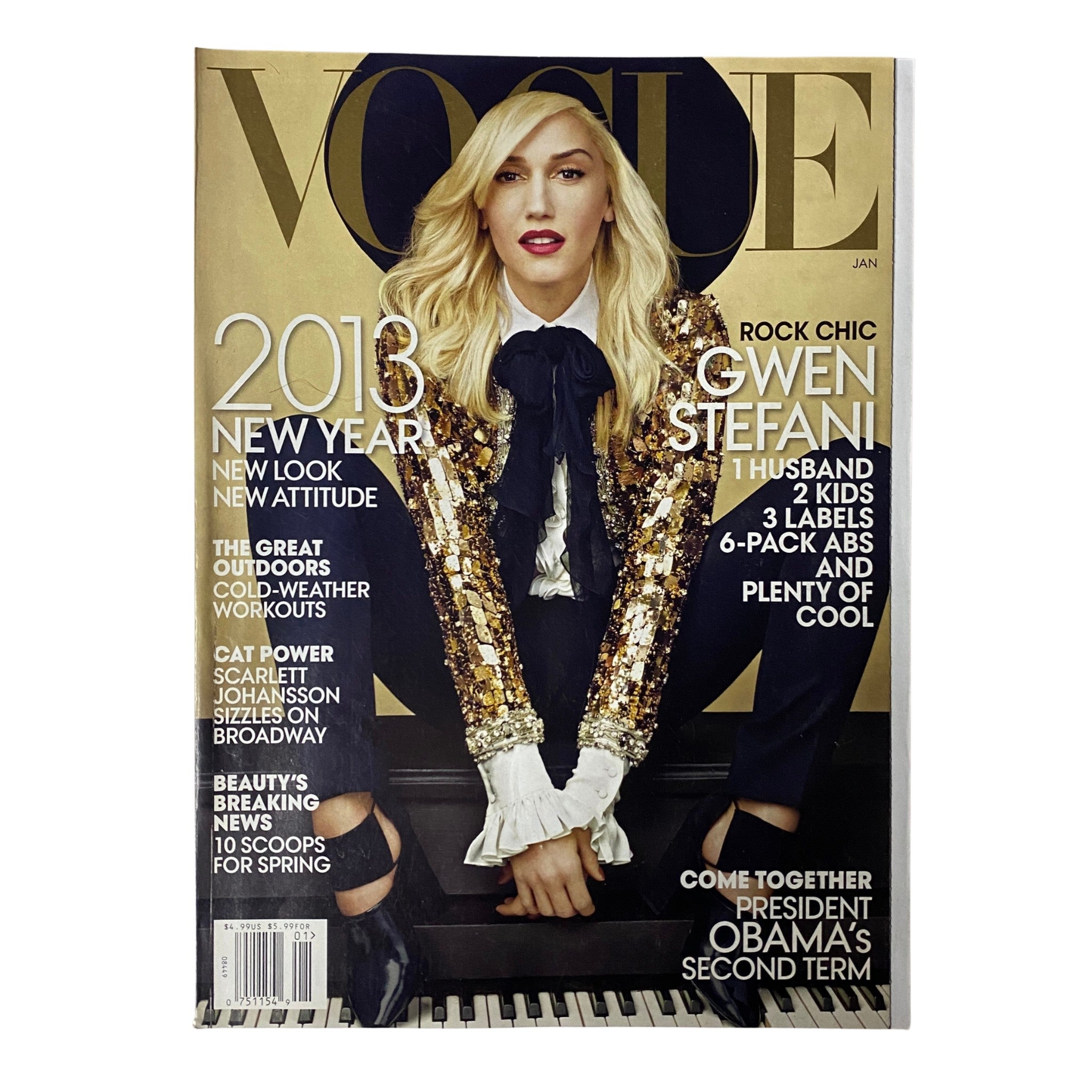 Vogue Magazine January 2013 featuring Gwen Stefani on the cover in a rock chic style, displaying a New Year theme with sequined attire; highlights cultural insights for the year.