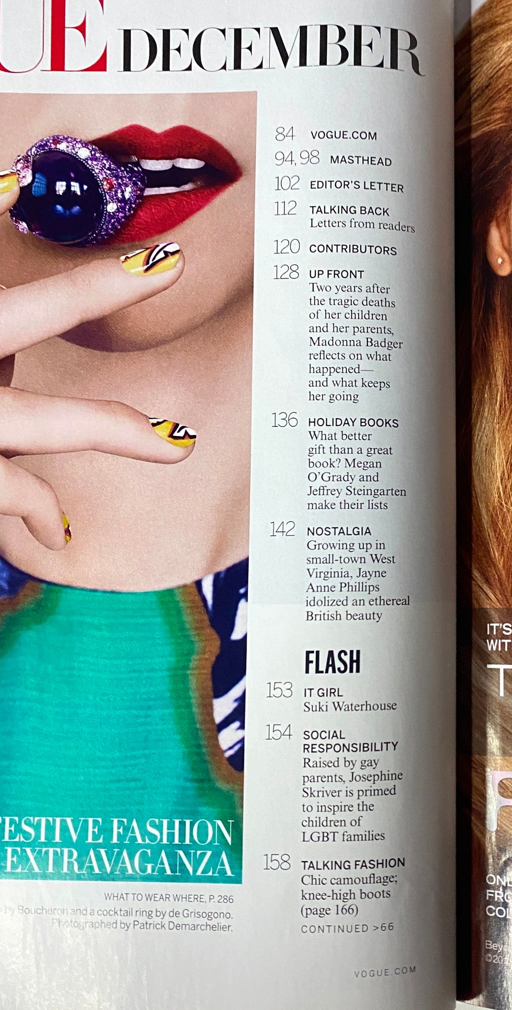 Table of contents page from Vogue Magazine December 2013, detailing features such as ‘Talking Back’ and ‘Nostalgia,’ highlighting the issue's editorial content.