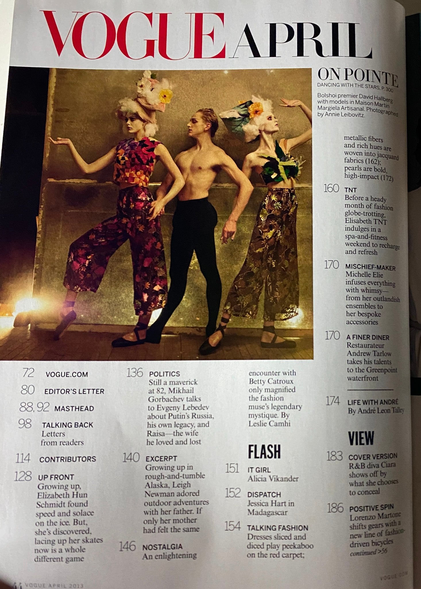Page inside Vogue Magazine April 2013 displaying a fashion editorial titled 'On Pointe,' featuring ballet-inspired photography by Annie Leibovitz with elegant models in couture.