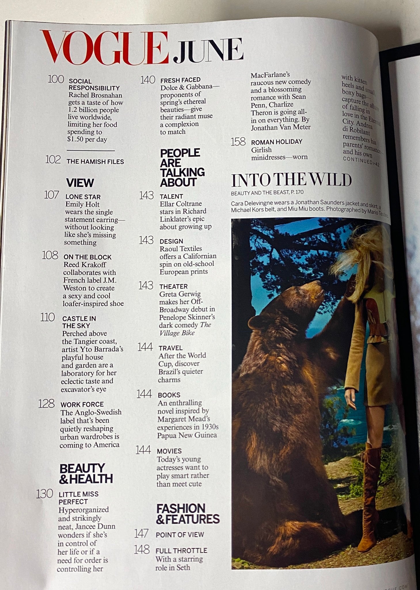 Inside page of Vogue Magazine June 2014, highlighting the contents including social responsibility and fashion features.