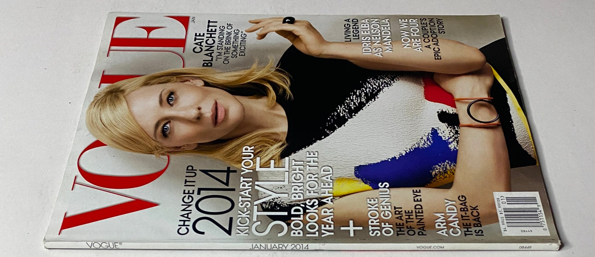Side view of Vogue Magazine January 2014 featuring Cate Blanchett on the cover, showcasing the artistic design and vibrant colors.