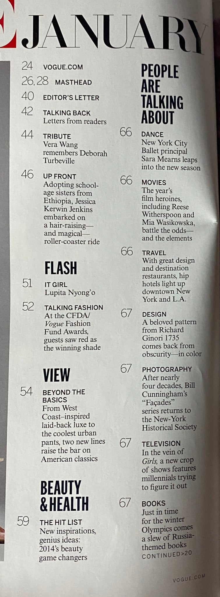 Table of contents from Vogue Magazine January 2014, listing featured articles including highlights on fashion, culture, and more.