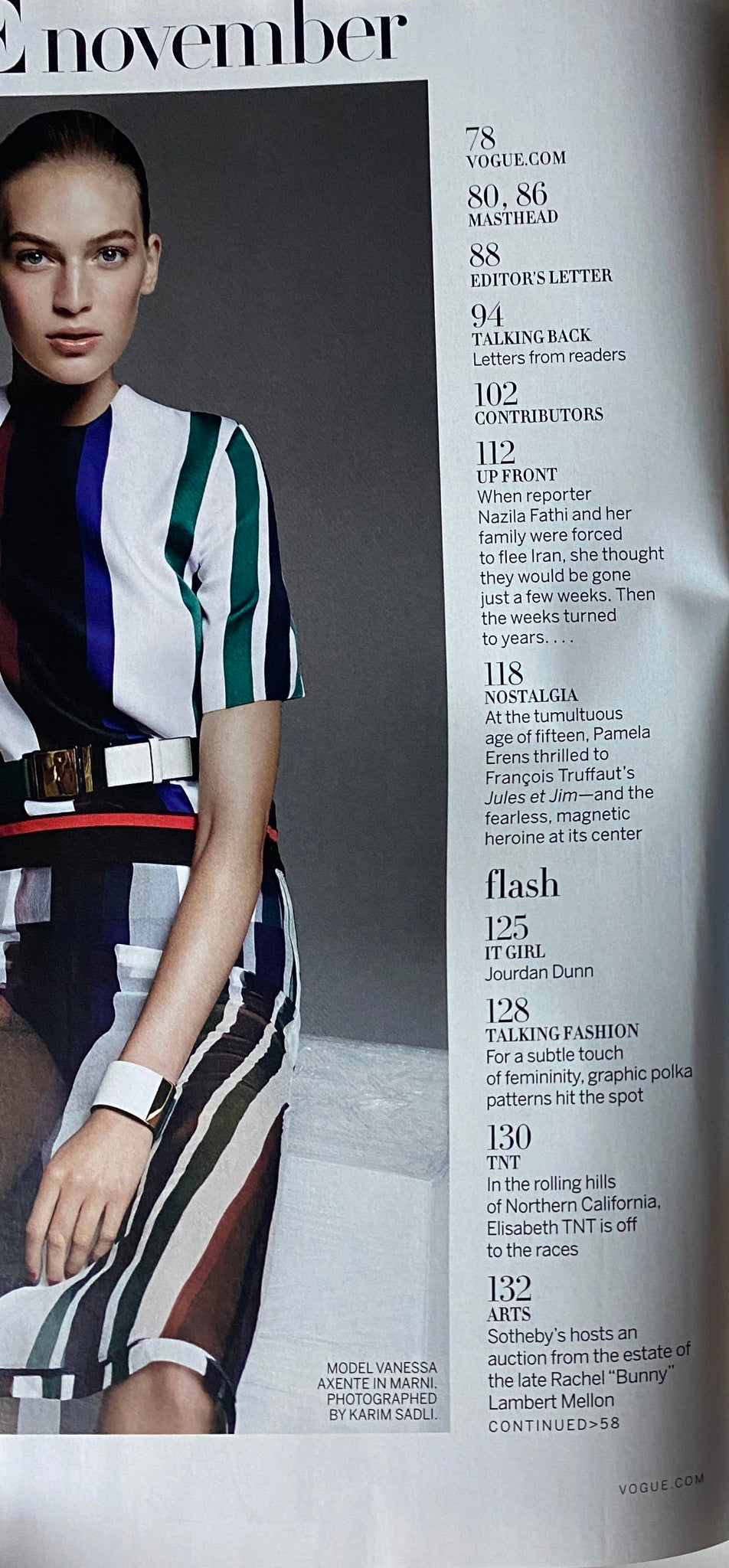 Inside page of Vogue Magazine November 2014, featuring editorial highlights and insights including Vanesssa Axente's fashion commentary and photography.