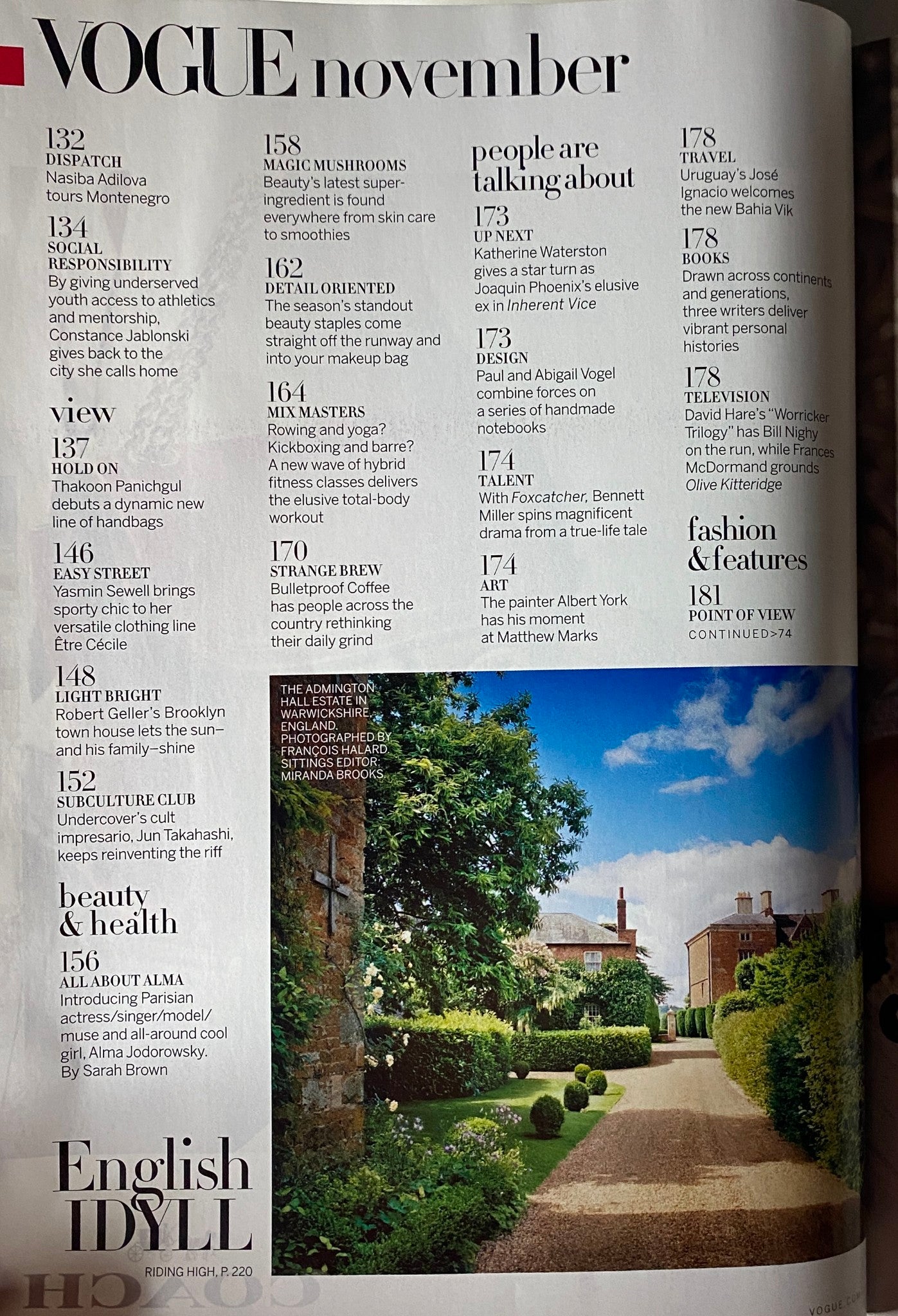 Another inside page of Vogue Magazine November 2014, detailing contents including features on travel and cultural commentary.