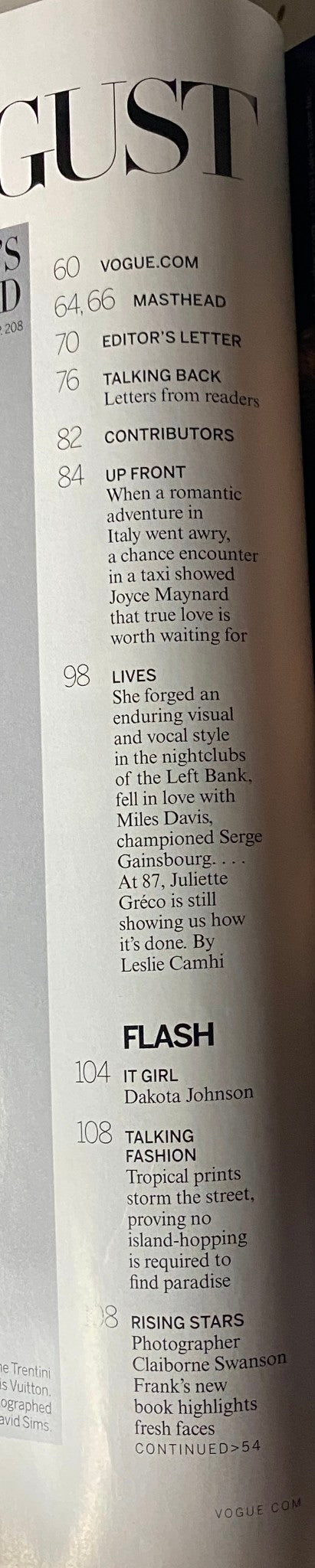 Vogue Magazine August 2014 Blake Lively Cover No Label VG - Table of Contents page highlighting sections and contributors.