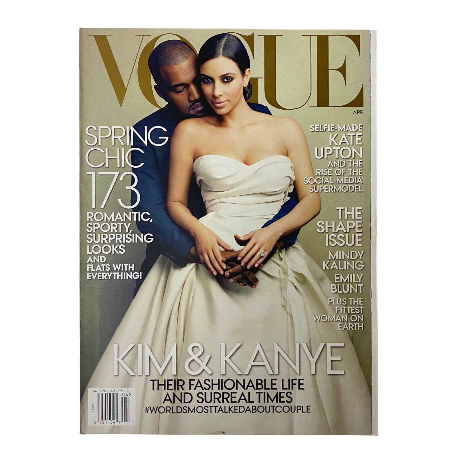 Cover of Vogue Magazine April 2014 featuring Kanye West and Kim Kardashian, highlighting their fashion statement and cultural significance, titled 'Vogue Magazine April 2014 Kanye West & Kim Kardashian Cover No Label VG'.