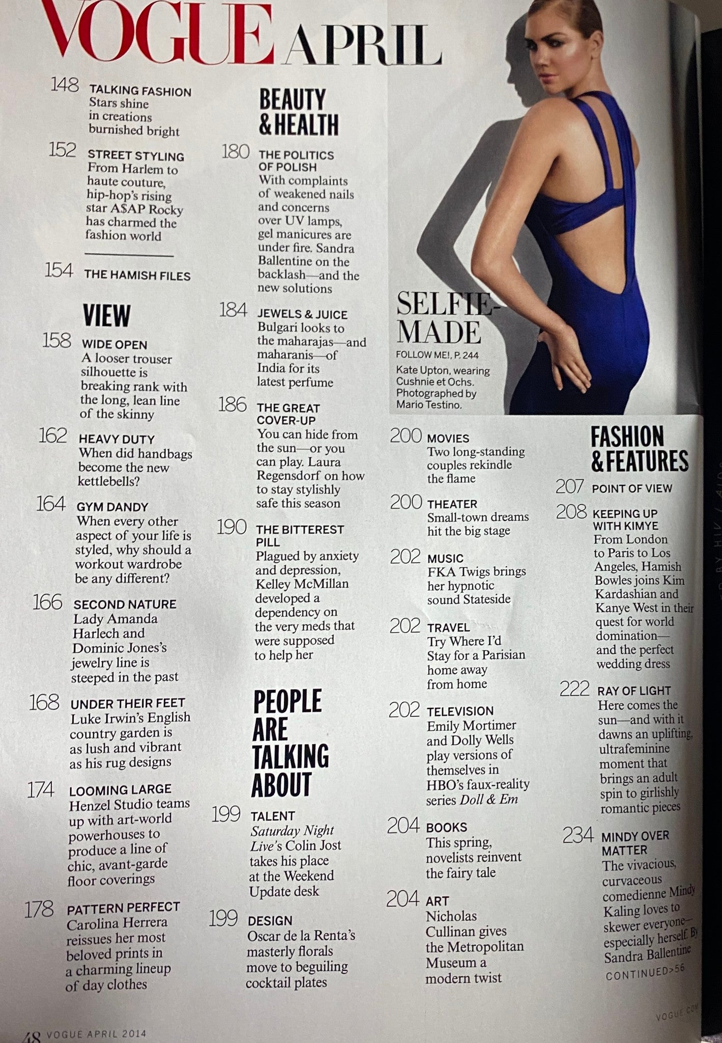 Contents page of Vogue Magazine April 2014 detailing various articles, including beauty and health topics, titled 'Vogue Magazine April 2014 Kanye West & Kim Kardashian Cover No Label VG'.