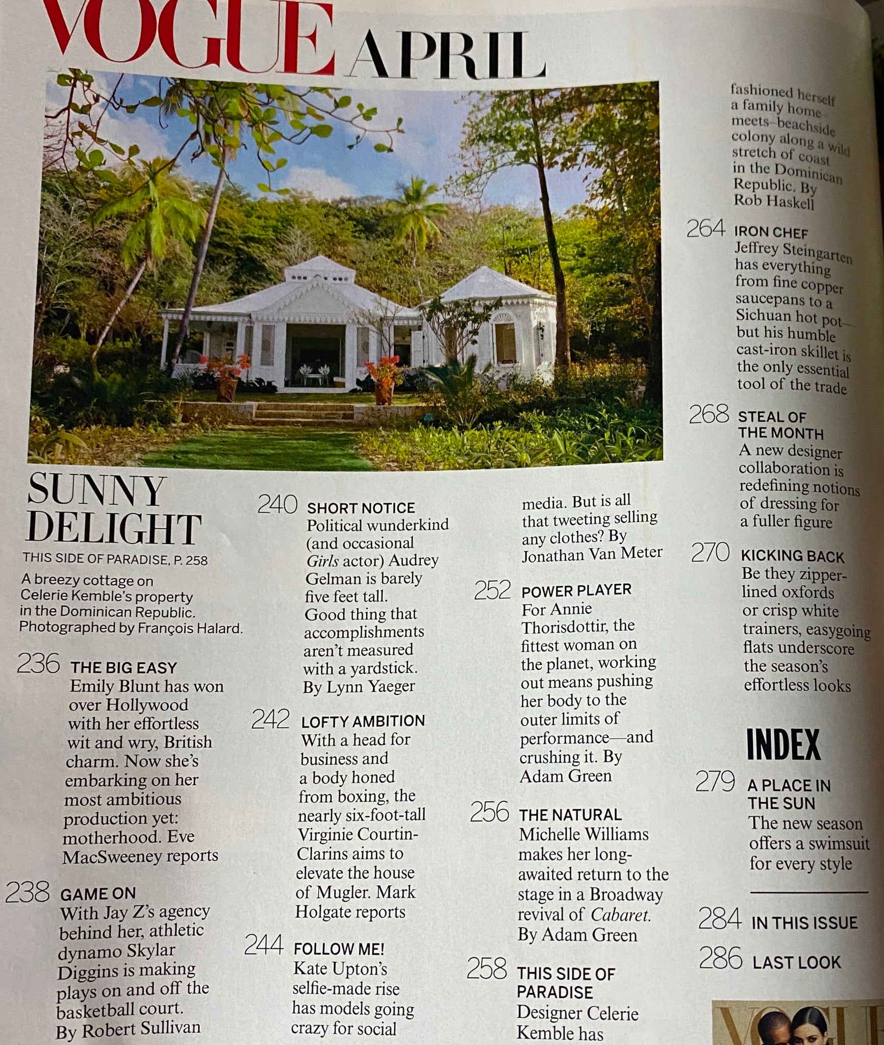 Article page from Vogue Magazine April 2014 discussing lifestyle topics, featuring the section on sunny delights, titled 'Vogue Magazine April 2014 Kanye West & Kim Kardashian Cover No Label VG'.