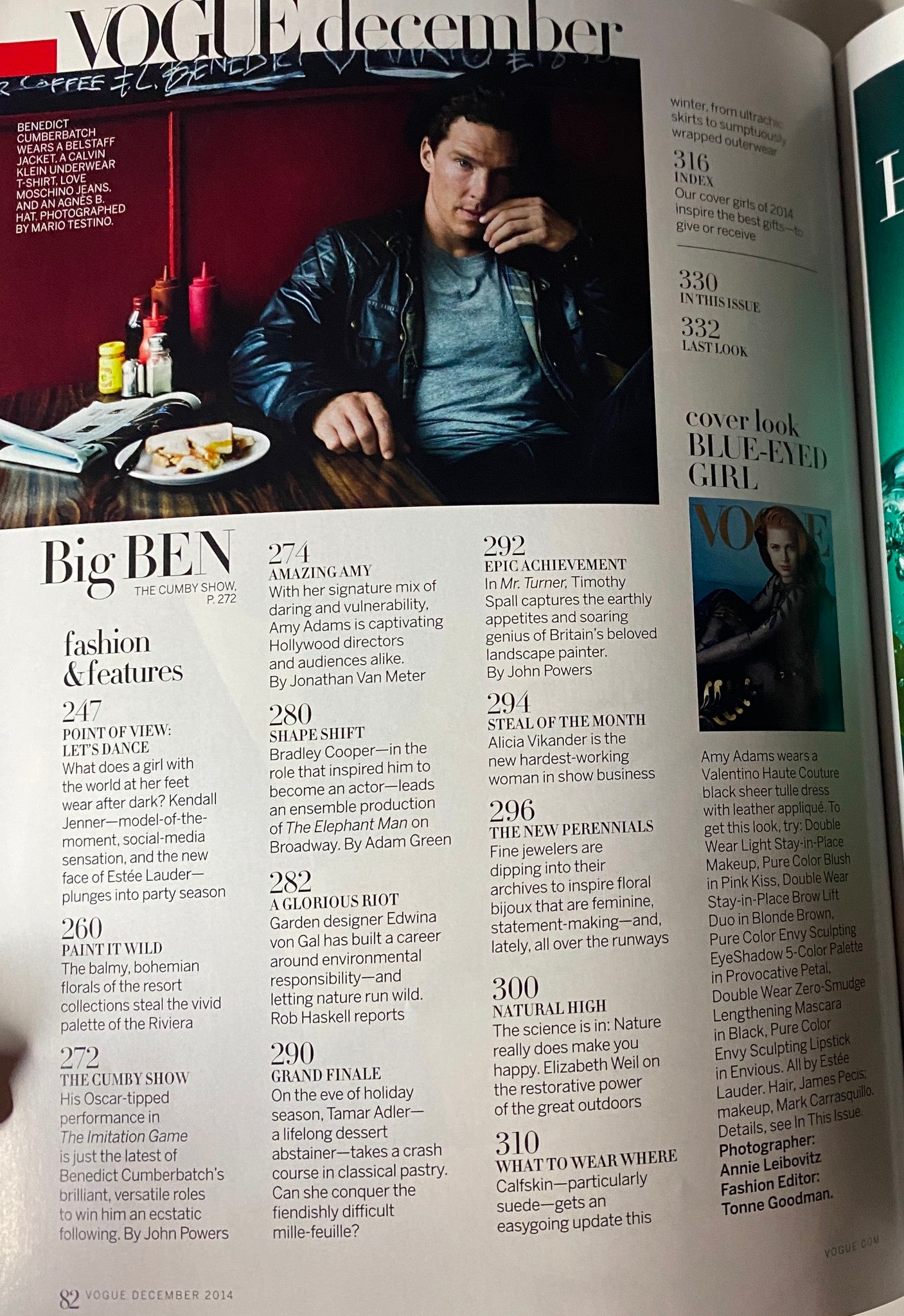 Editorial page from Vogue Magazine December 2014 listing contents such as 'Big Ben' and 'Amazing Amy,' covering fashion and celebrities.